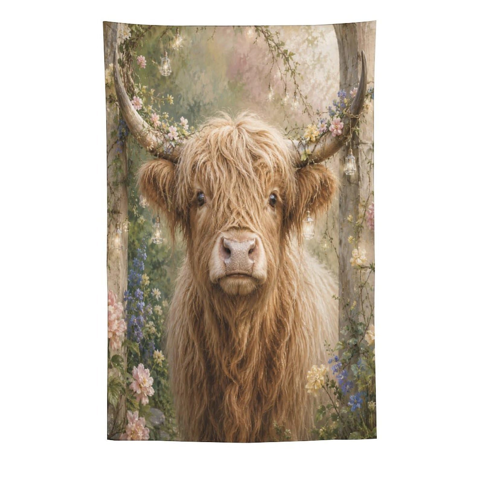 H3B8U2Y5 Highland Cow Garden Portrait Wall Tapestry, Boho Floral