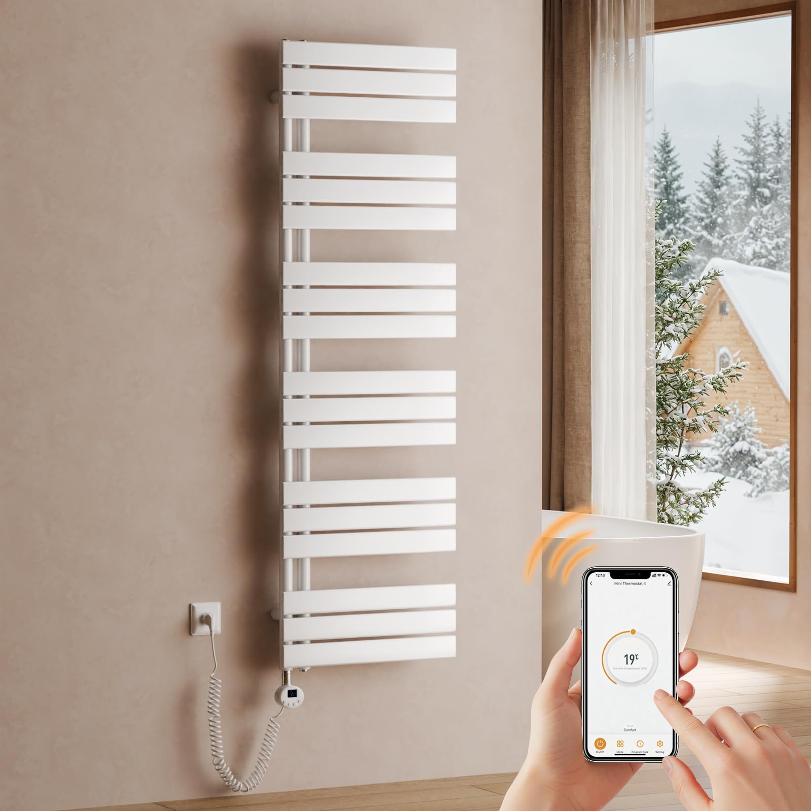 S'AFIELINA Sèche-serviette électrique1599×500mm, radiateur sèche-serviette électrique avec thermostat, WiFi, minuterie programmable, écran LCD, Radiateur salle de bain 1000 W, blanc