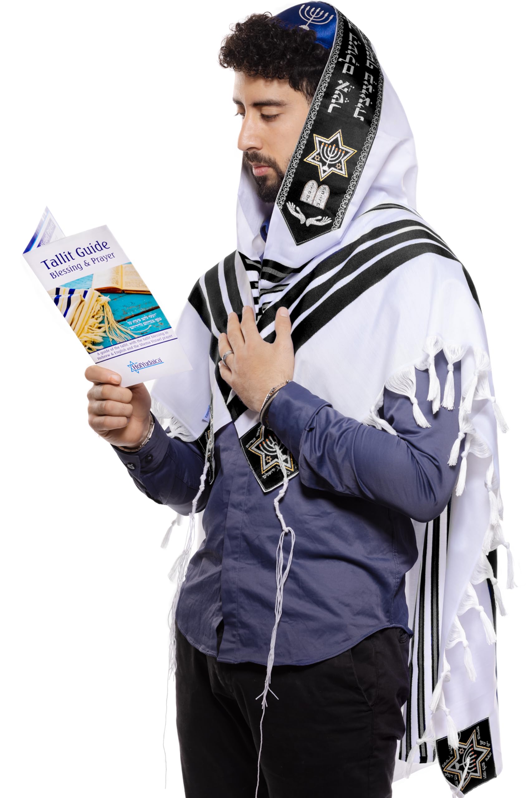 Large Tallit Prayer Shawl with Matching Bag, Certified Kosher, With Blessing On Neckband & Uniq Design on the Corners, Made in Israel, Soft Tallit Prayer Shawl For Men & Women - Black, 55 - H51 x W71