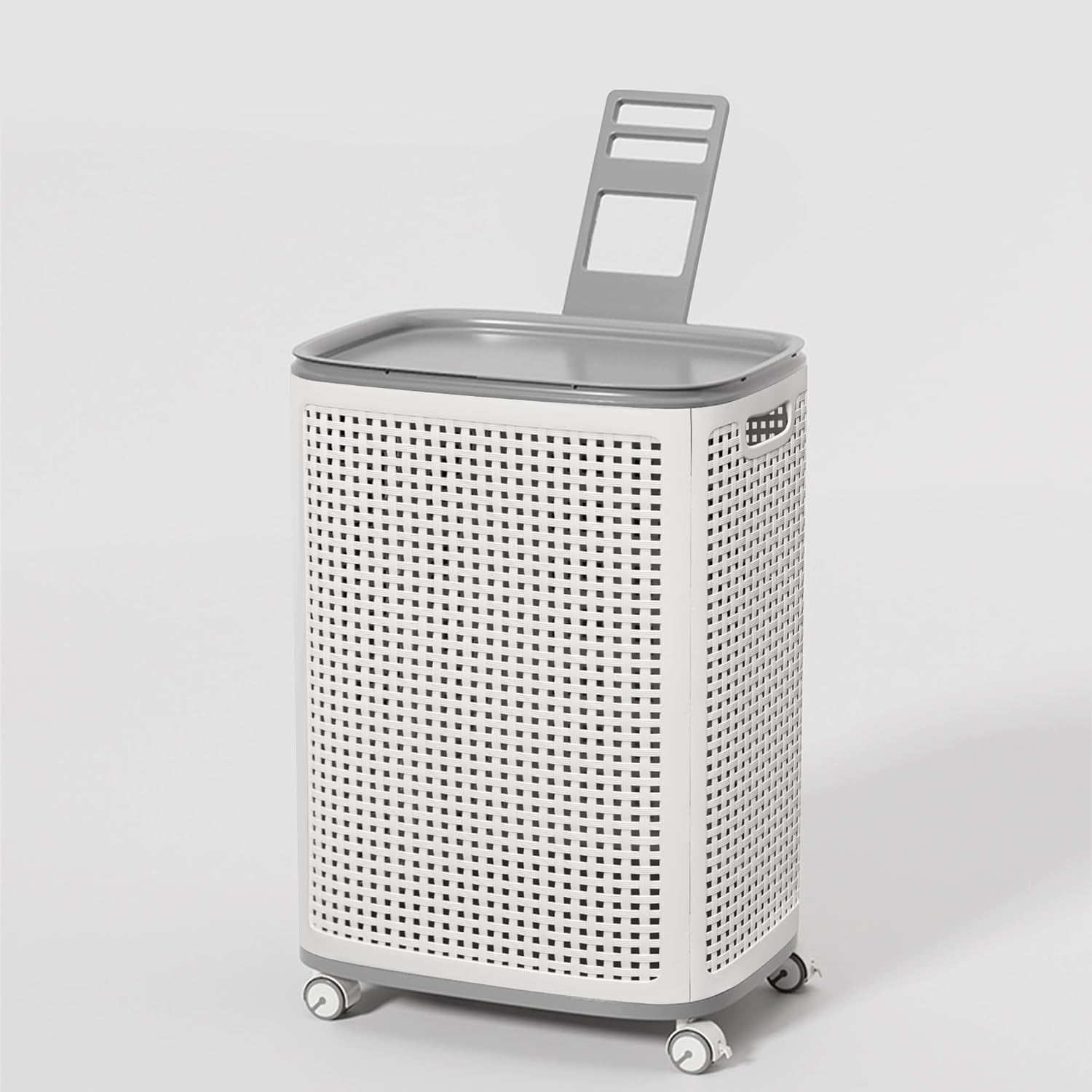 Sufdari 90L Laundry Basket with Wheels, Rolling Laundry Hamper with Lid and Handles, Plastic Rattan Clothes Organizer, Dirty Clothes Basket for Laundry Room, Bedroom, Dormitory Storage