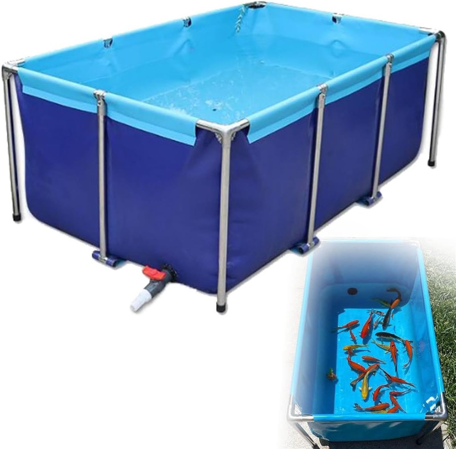 Bassin à Poissons en Toile Lar avec vanne de vidange - Aquarium en résine épaisse résistante aux intempéries, adapté aux Amateurs, à l'élevage temporaire et à l'observation, Bleu, 1,5 x 1 x