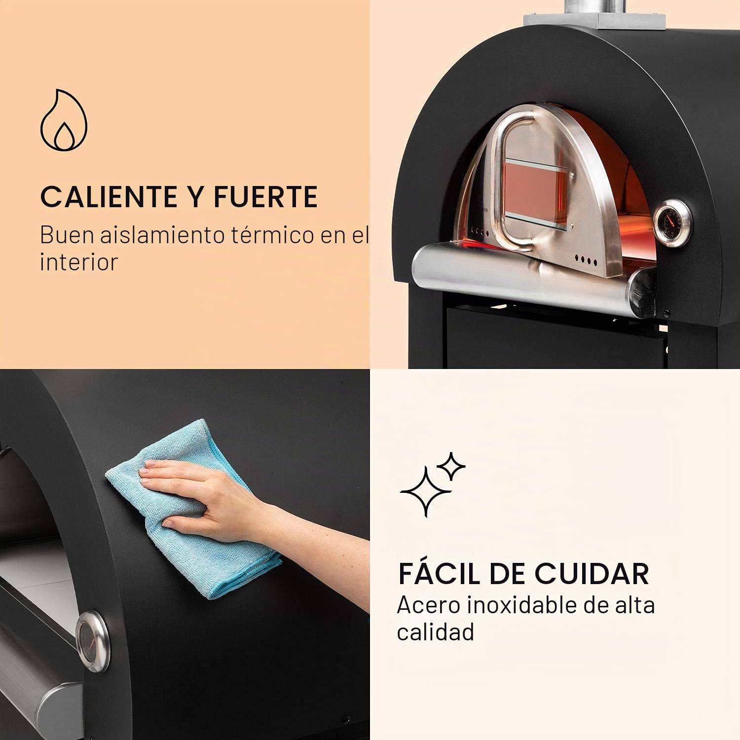 Klarstein Diavolo Napoletana horno para pizza - horno de leña o carbón, termómetro integrado, temperatura hasta los 500 °C, acero inoxidable, negro