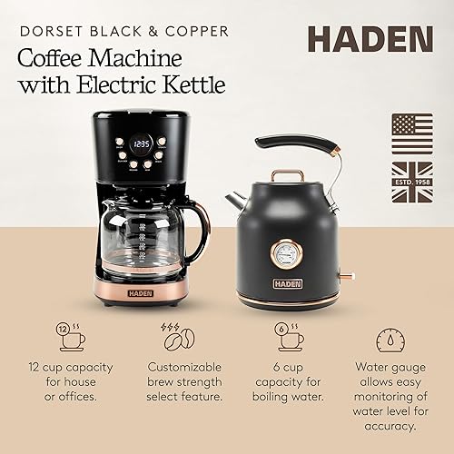 Miniatura 2 de HADEN Dorset - Hervidor eléctrico de agua caliente de acero inoxidable de 1.7 litros con cafetera de goteo de 12 tazas, cafetera de café, color
