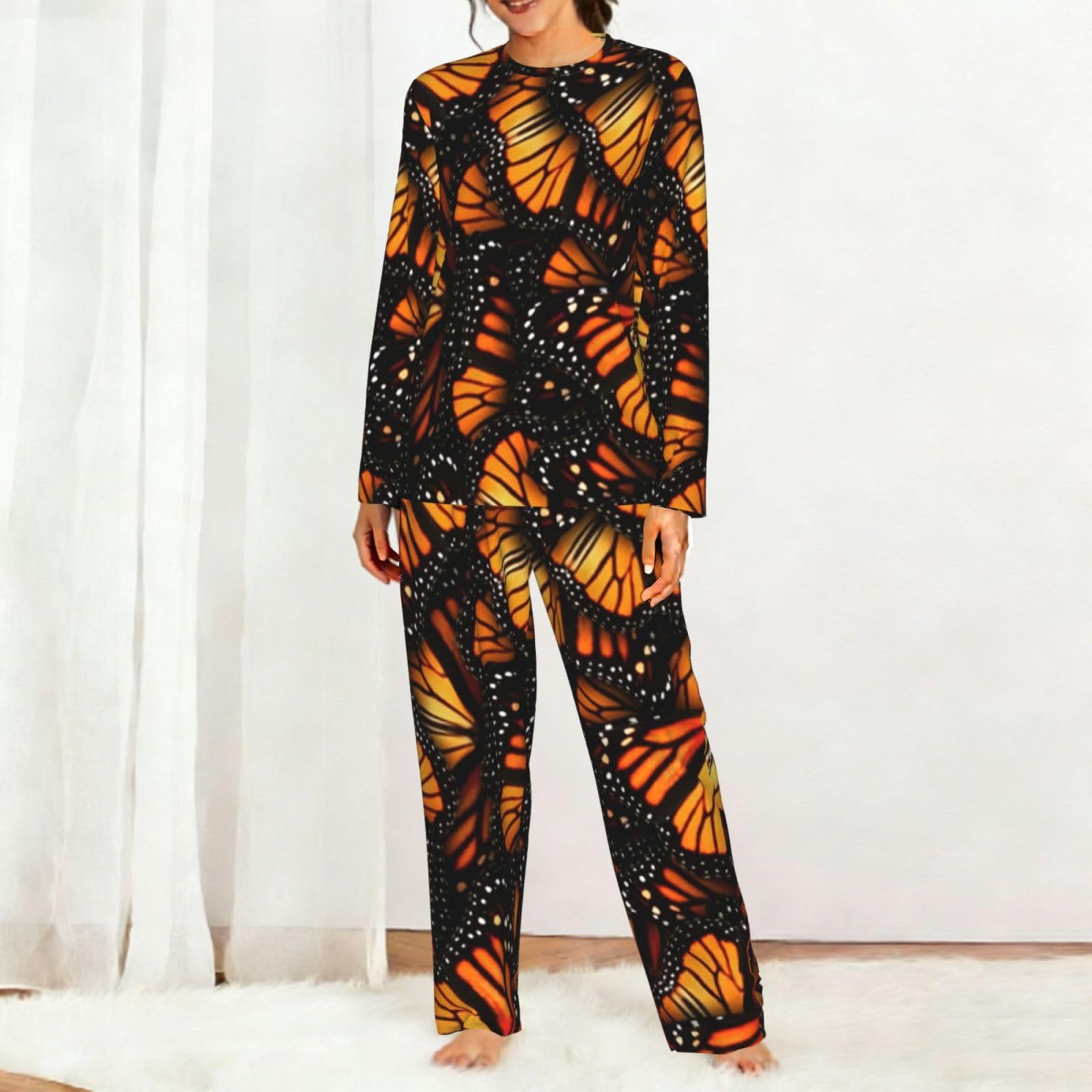 Heaps Of Orange Monarca Farfalle Stampa Donna Manica Lunga Pigiama Set Morbido Elastico Coulisse Casual Daywear