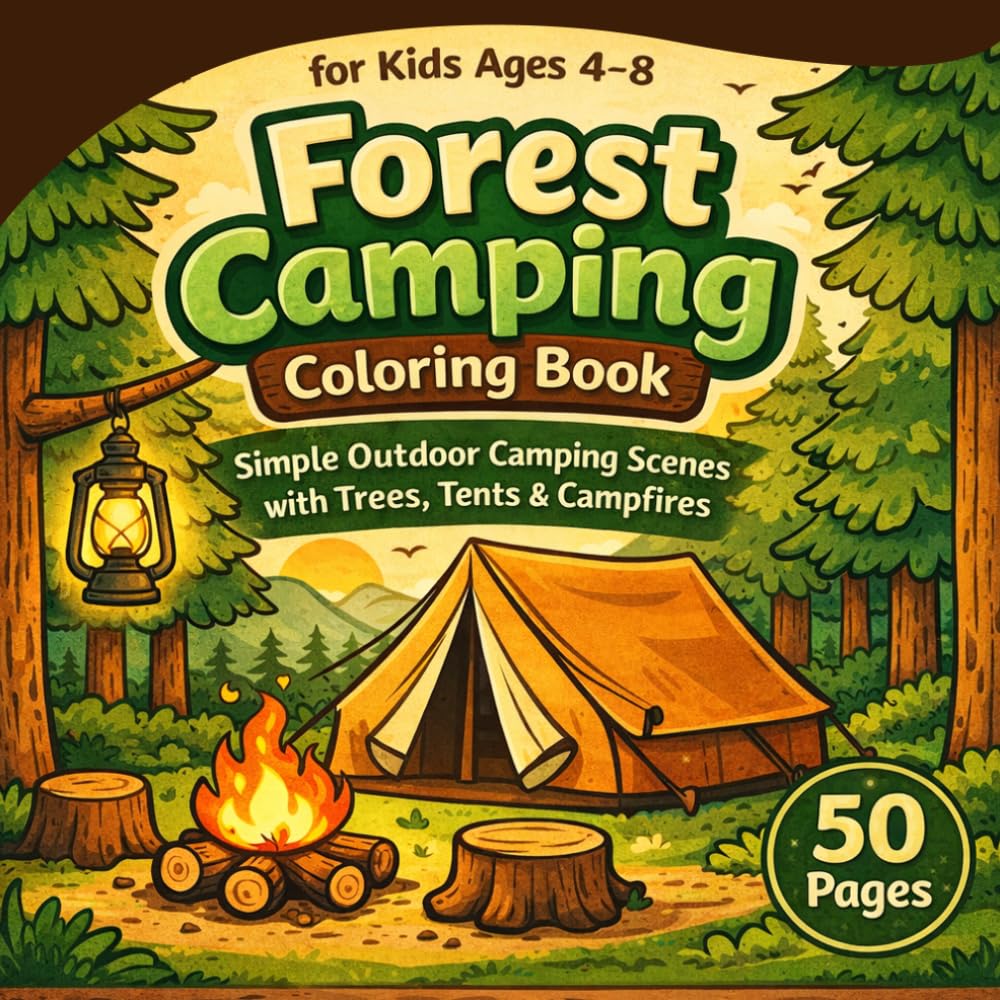 Forest Camping Coloring Book for Kids Ages 4–8: Simple & Bold Camping Scenes with Tents, Campfires, Lanterns & Outdoor Adventures