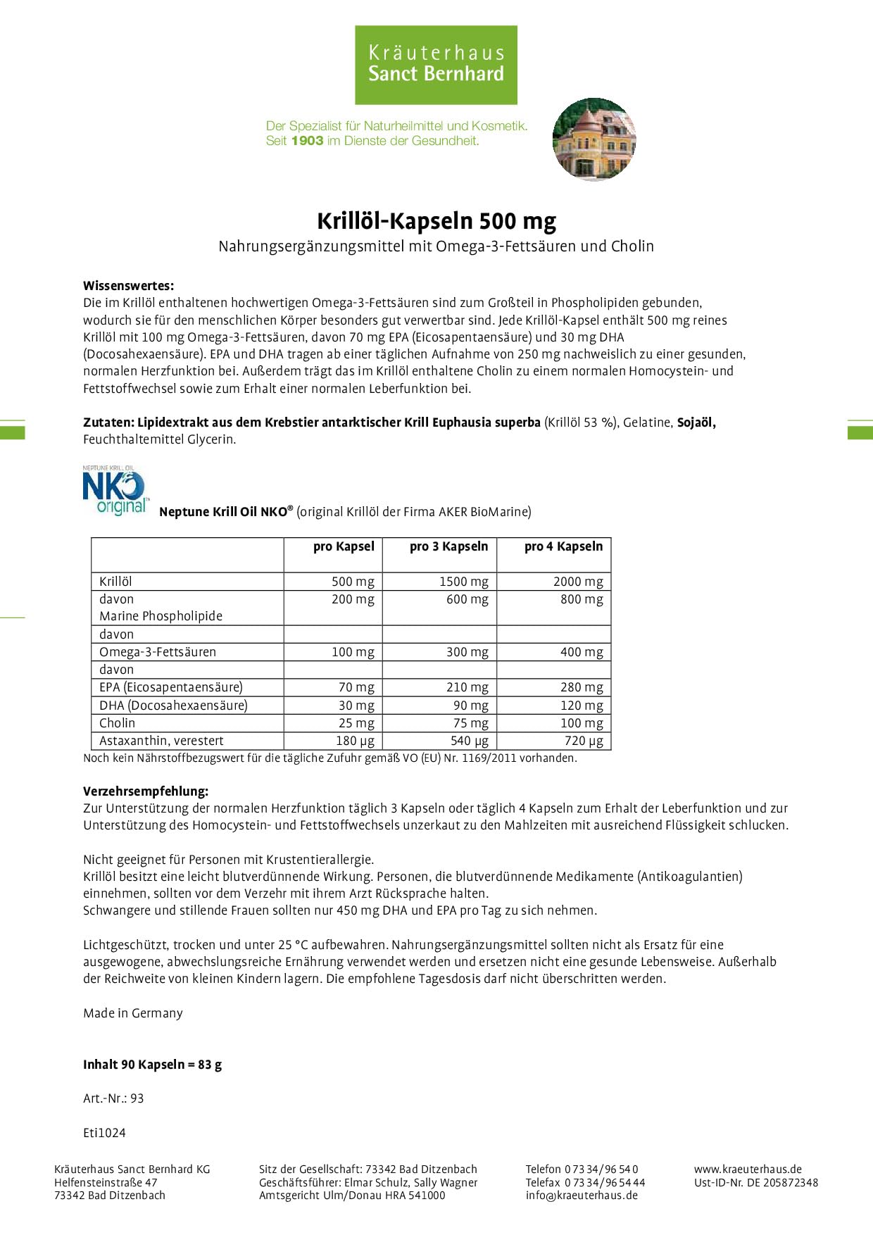 Sanct Bernhard Krillöl-Kapseln, original Neptune Krill Oil, geruchsarm, Inhalt 90 Kapseln