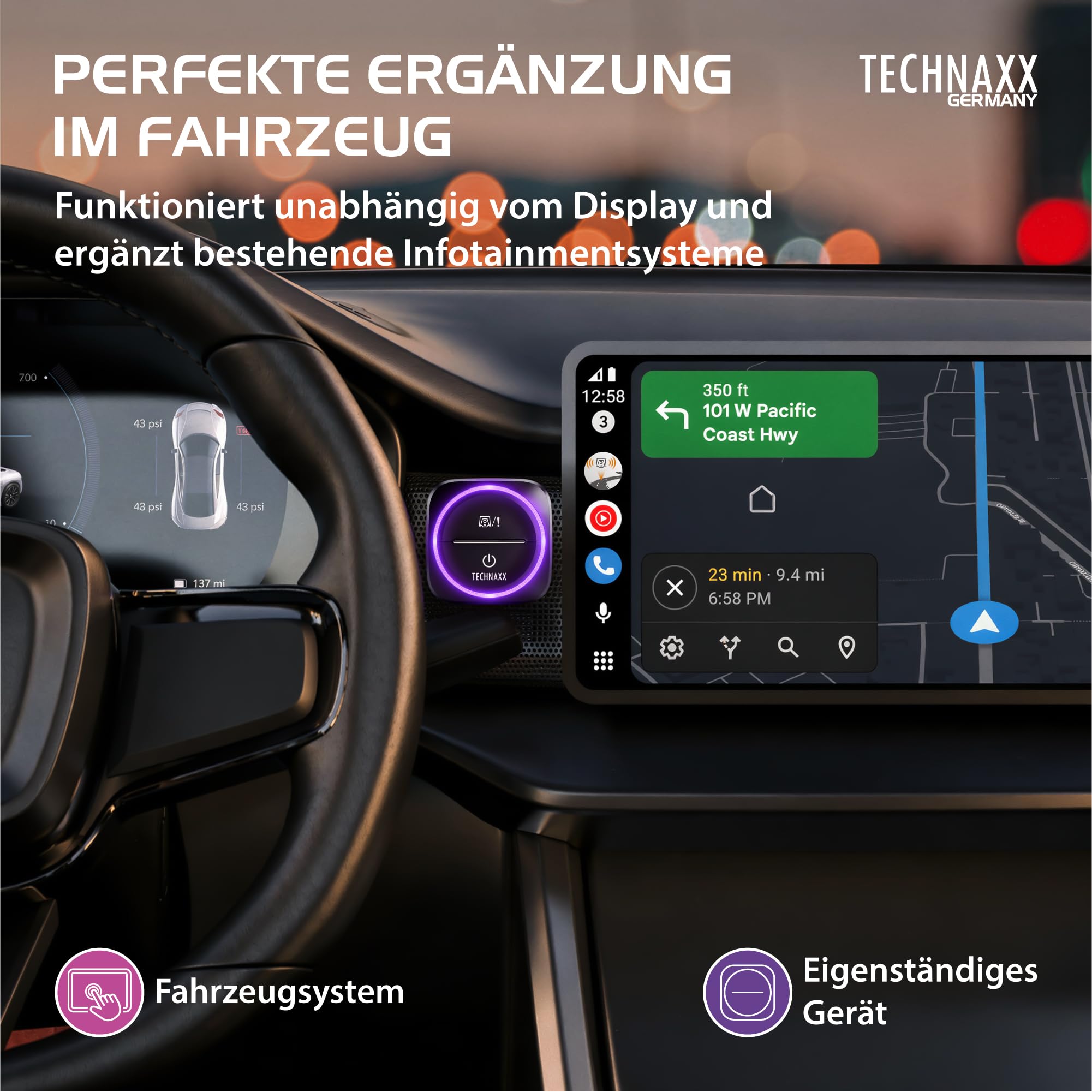 Technaxx Verkehrswarner mit Blitzer.de – Straßenverkehrswarner mit Gefahren- & Geschwindigkeitswarnung, LED-Benachrichtigung, Auto-Aktivierung, kompatibel mit Apple CarPlay & Android Auto - TX-387