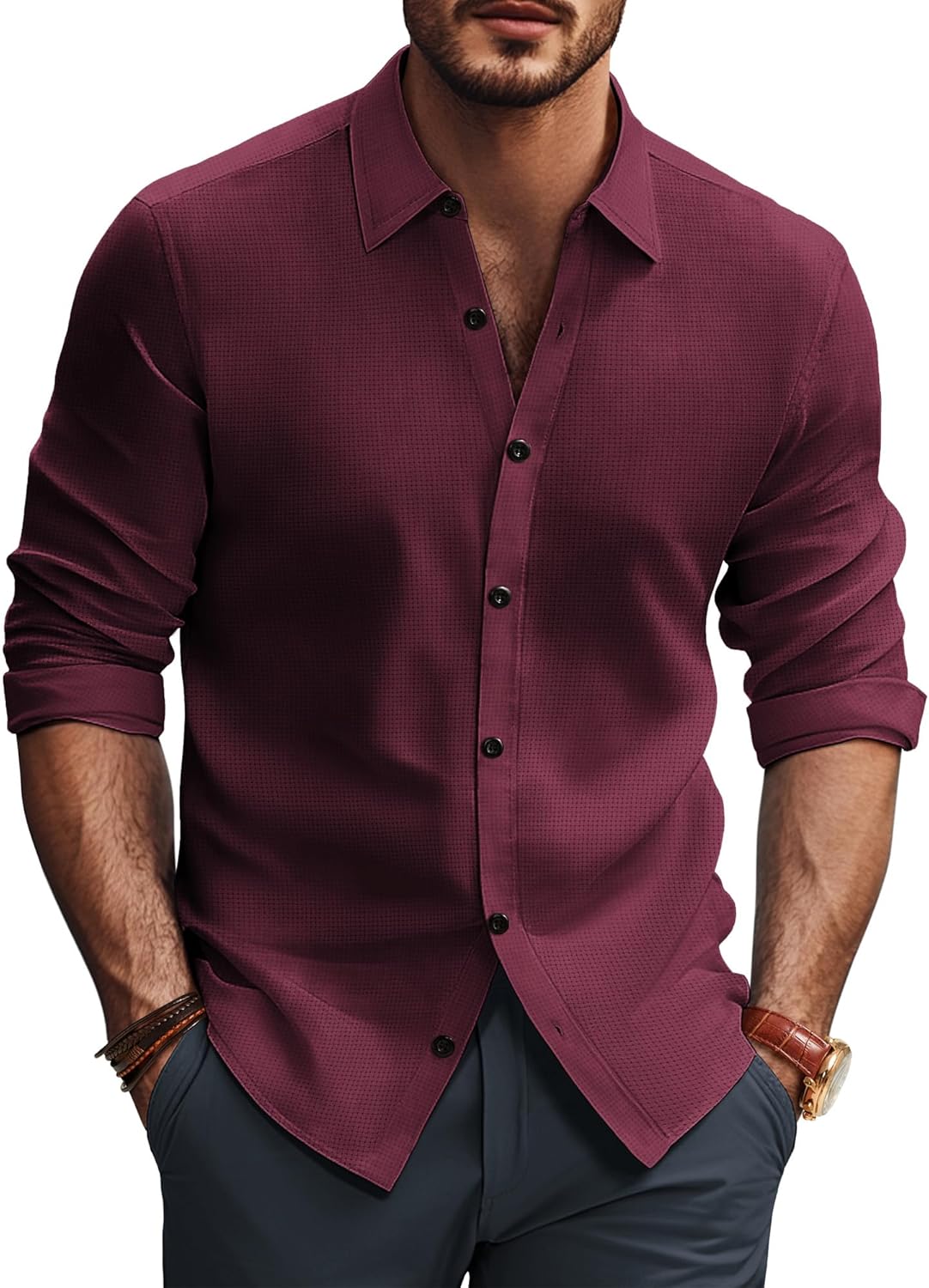 PJ PAUL JONES Mens Long Sleeve Button Down Shirts Wrinkle Free Stretch Untucked Dress Shirts Business Casual Shirt