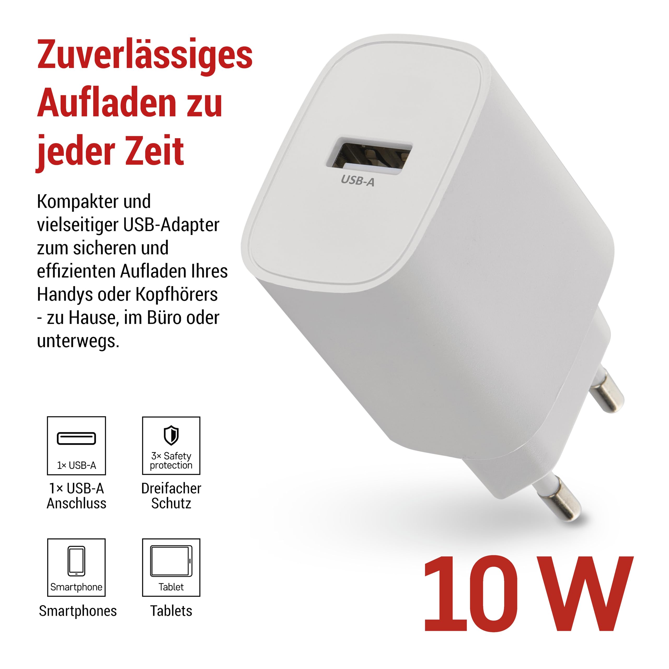 EMOS - Ładowarka USB-A 10 W - zasilacz bez kabla - adapter Euro USB/typ A - wtyczka 10 W do ładowania smartfonów, iPhone'ów, urządzeń z możliwością ładowania - 5 V / 2 A - biała