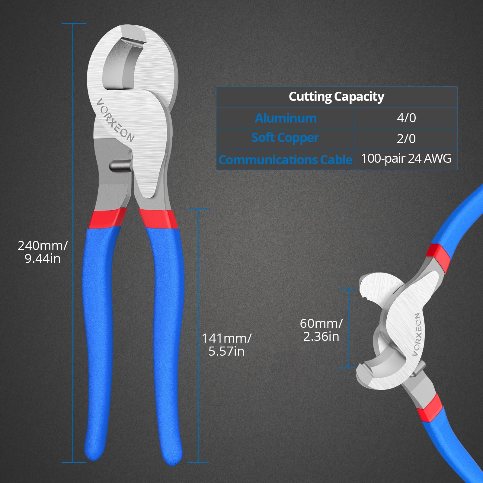 Tagliacavi 240mm, Wire Cable Cutters Acciaio 55#, Utensili da Taglio per Cavi Alluminio e Rame 0-70mm²