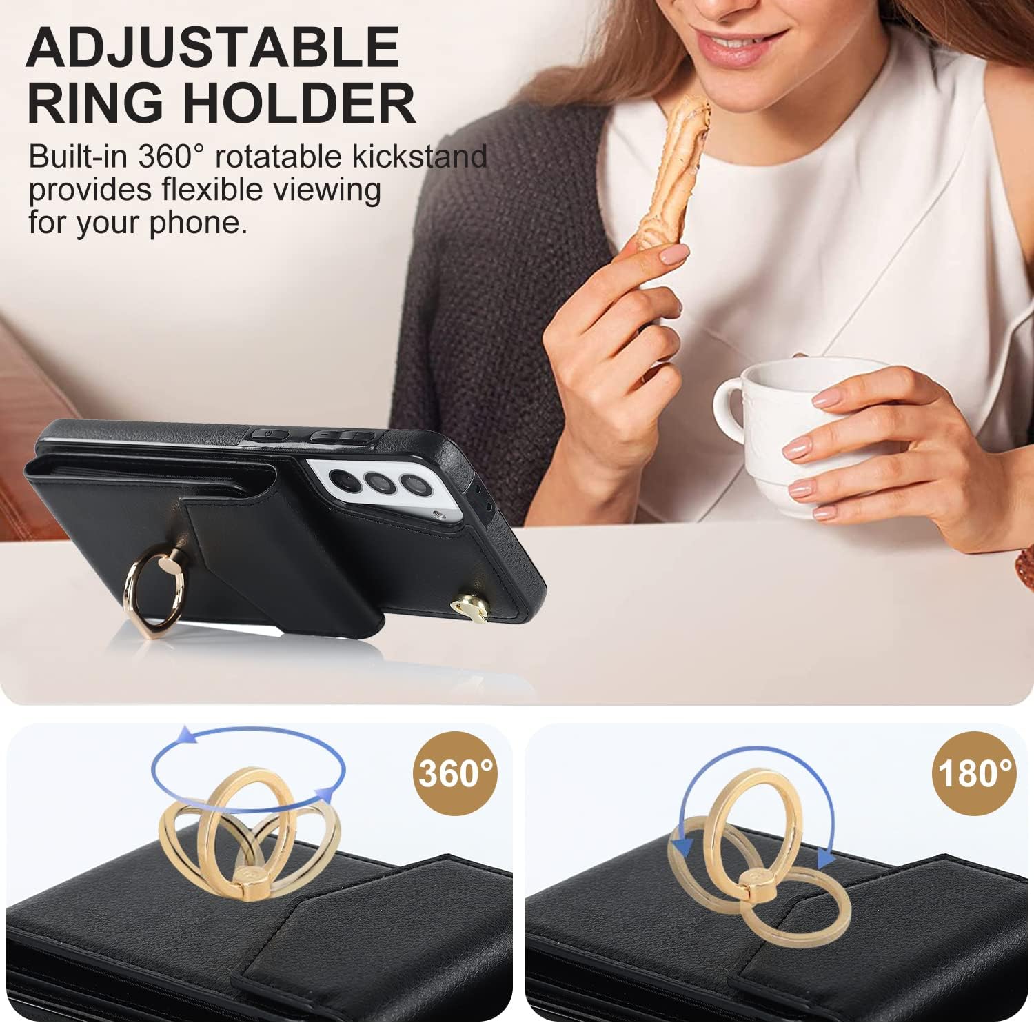 for Samsung Galaxy S21 Case 5G 6.2 inch, Minimalist Wallet Case with Ring Kickstand and Shoulder Strap, Shockproof Stylish Protective Cover for Galaxy S21 -Black