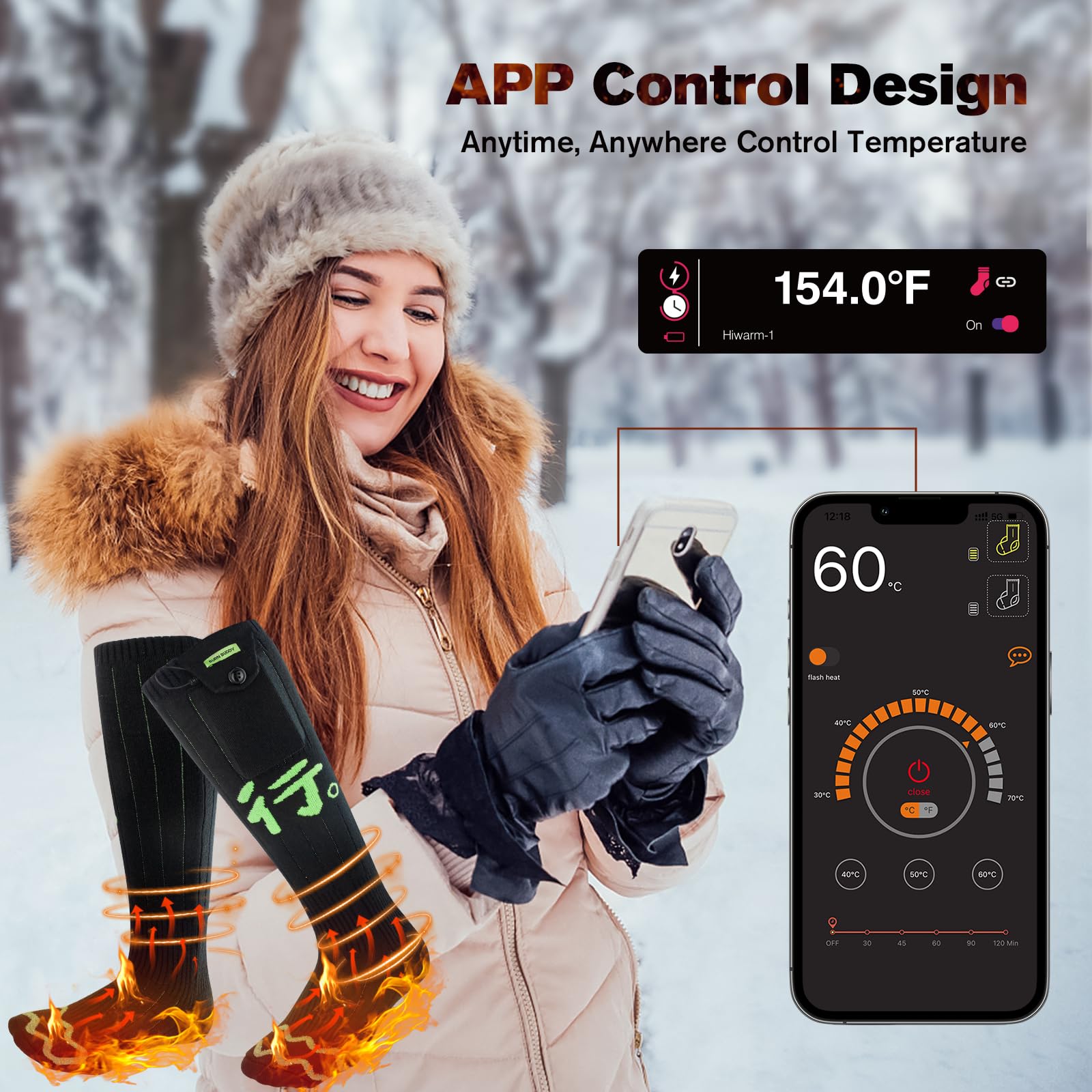 Heated Socks for Men Women, APP Control Battery Heated Socks Rechargeable Washable, Electric Socks Foot Warmer for Hiking Biking Camping Skiing Hunting Outdoor Work, Heating Socks Warm Socks
