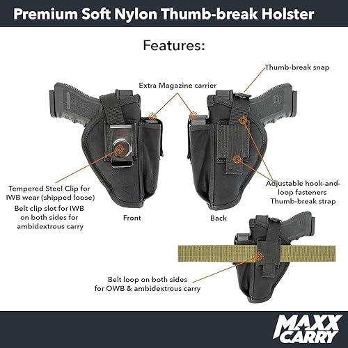 Miniatura 3 de Maxx Carry Compatible conreemplazo para doble funda universal de nailon OWB Premium para cinturón de pistola y IWB CCW compatible con Glock 17, 20,
