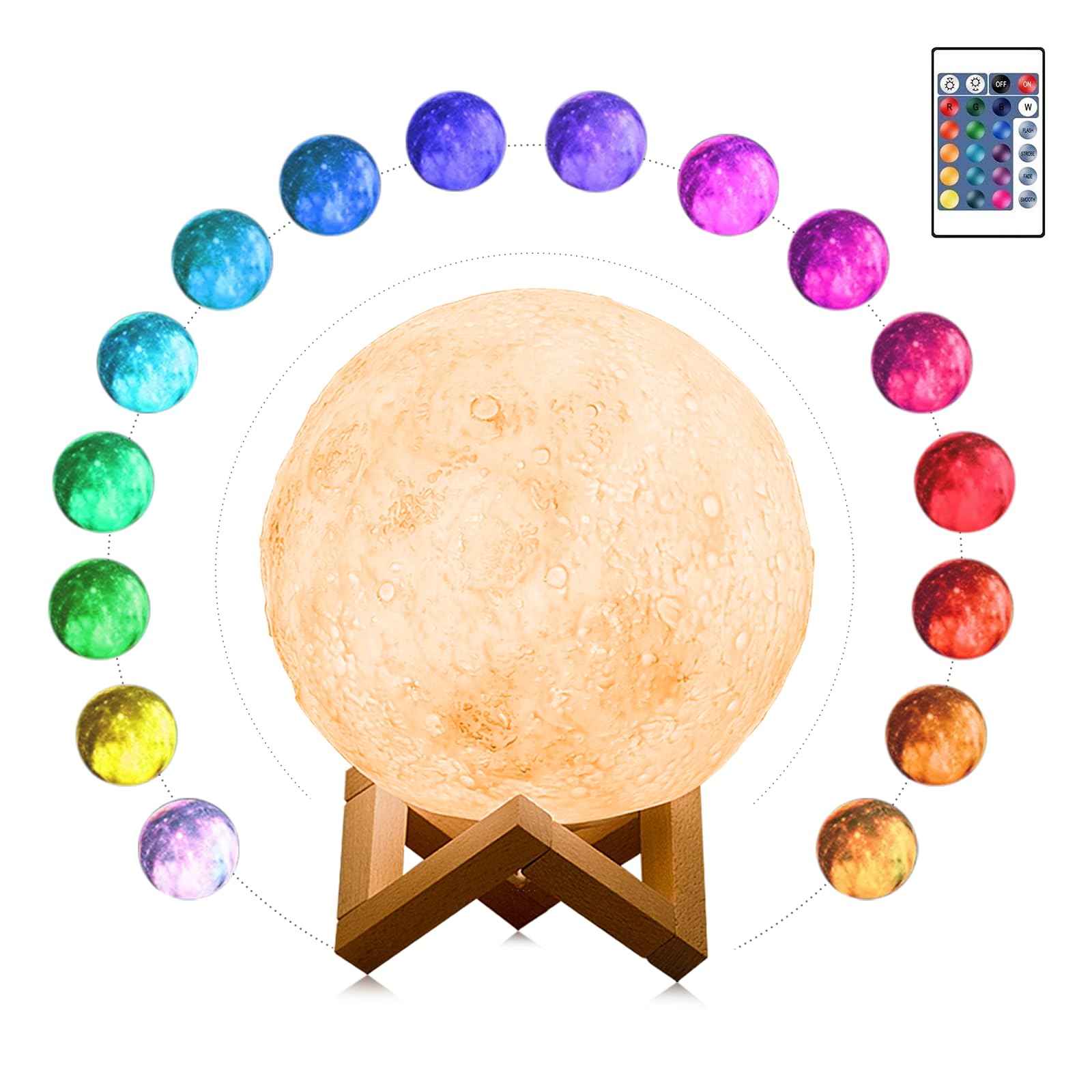 Oskuglin Lámpara de Luna en 3D, Lluminación Infantil Nocturna, 3D LED Luz Nocturna 15 cm, Lámpara de luna luz nocturna Con soporte de madera/Lejano/Control táctil Un regalo Lámpara de Noche