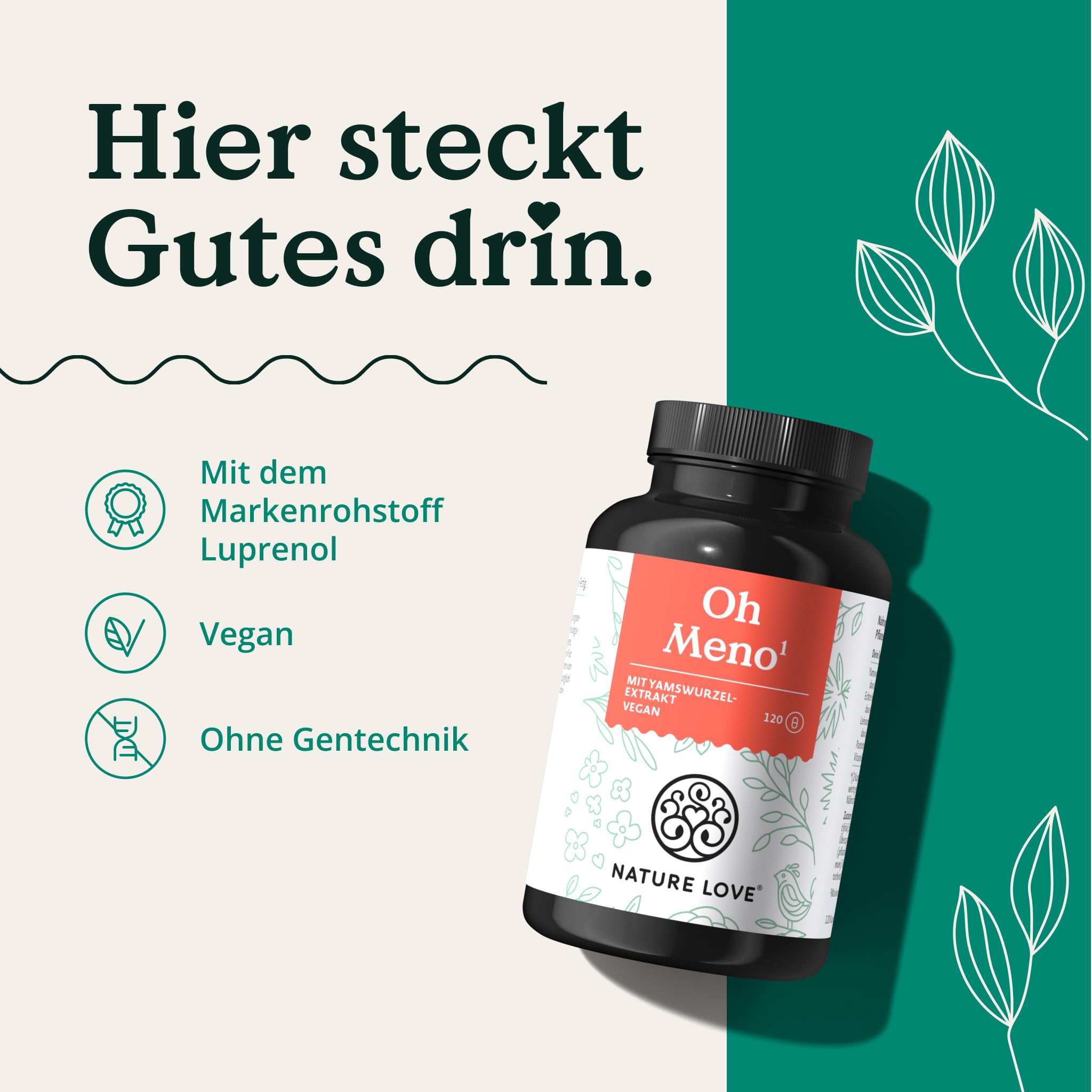 NATURE LOVE® Oh Meno für die Wechseljahre – 120 Kapseln – mit 526mg Yamswurzelextrakt, Leinsamenextrakt und Vitamin B5 und B6 – vegan, hochdosiert