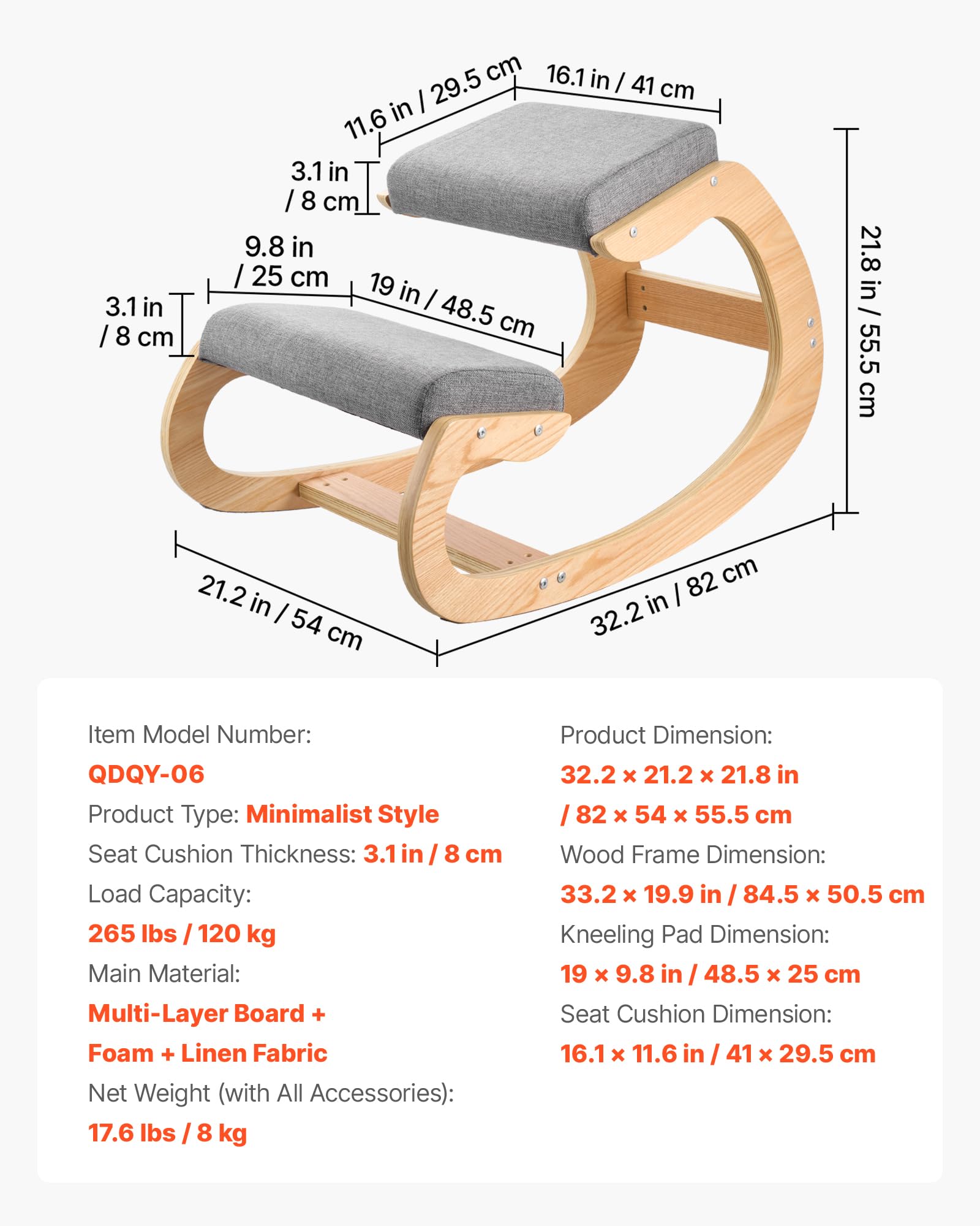 VEVOR Silla Ergonómica de Rodillas con Estructura de Madera y Cojín de Espuma Gris, Taburete para Rodillas Carga de 120 kg, Relajarse de Cuello y Espalda para Hogar, Oficina, 82 x 54 x 55,5 cm
