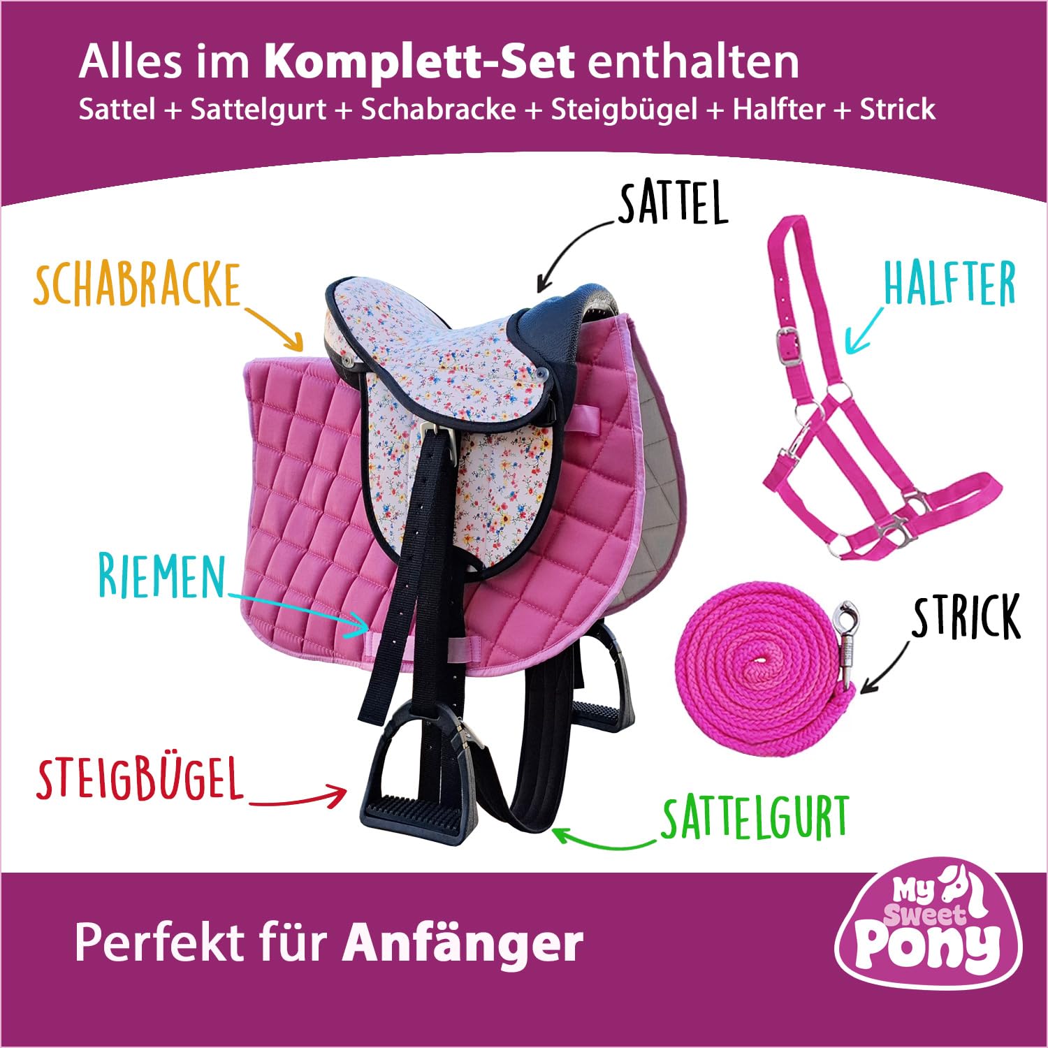 My Sweet Pony Kinder Shettysattel-Set Pink Flower Halfter Führstrick Sattel für Pony Shetty Holzpferd