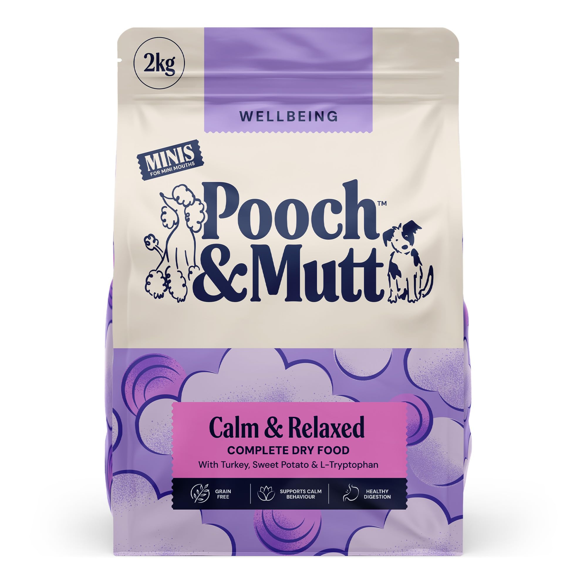 Pooch & Mutt - Calm & Relaxed Minis (Small Sized Kibble), Complete Dry Dog Food Grain Free, for Calming Hyperactive or Anxious Dogs, Turkey and Sweet Potato, 2kg