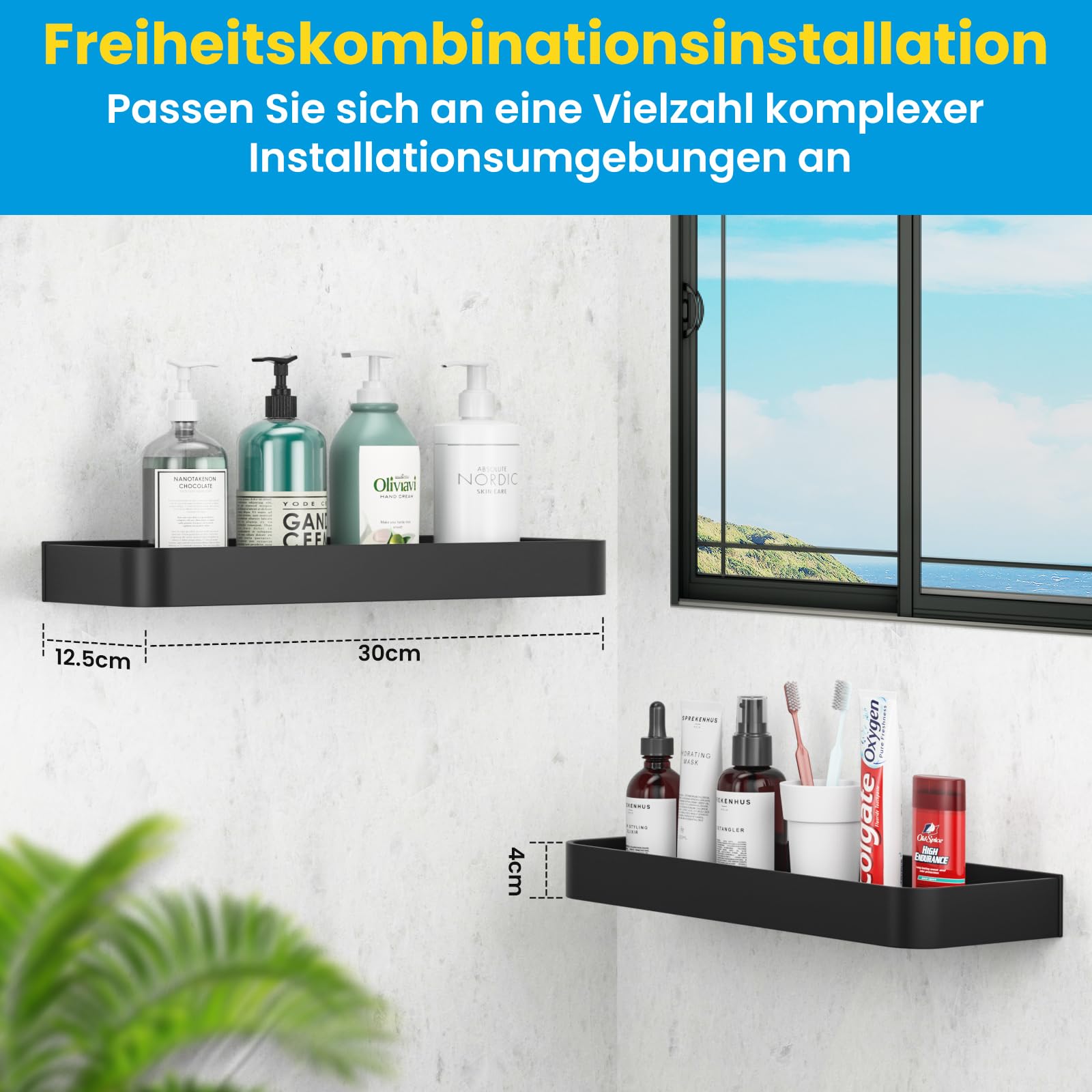 Kitsure Duschablage Ohne Bohren – 2er-Set, Edelstahl Schwarz, 33,5 X 12 Cm – Selbstklebend, Wasserabweisend, Großes Fassungsvermögen