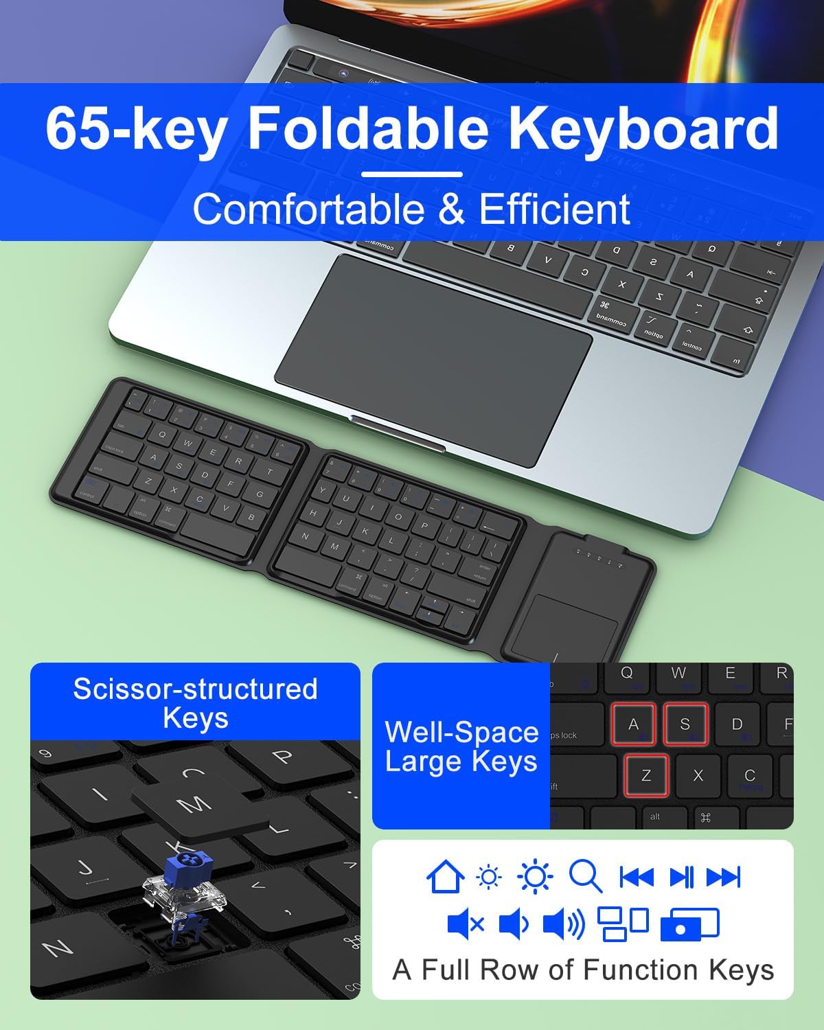 Foldable Bluetooth Keyboard with Touchpad, Ultra-Slim Rechargeable Wireless Travel Keyboard, Full-Size, Premium Leather Texture, Portable Tri-Folding Pocket-Sized for Windows Mac Android iOS