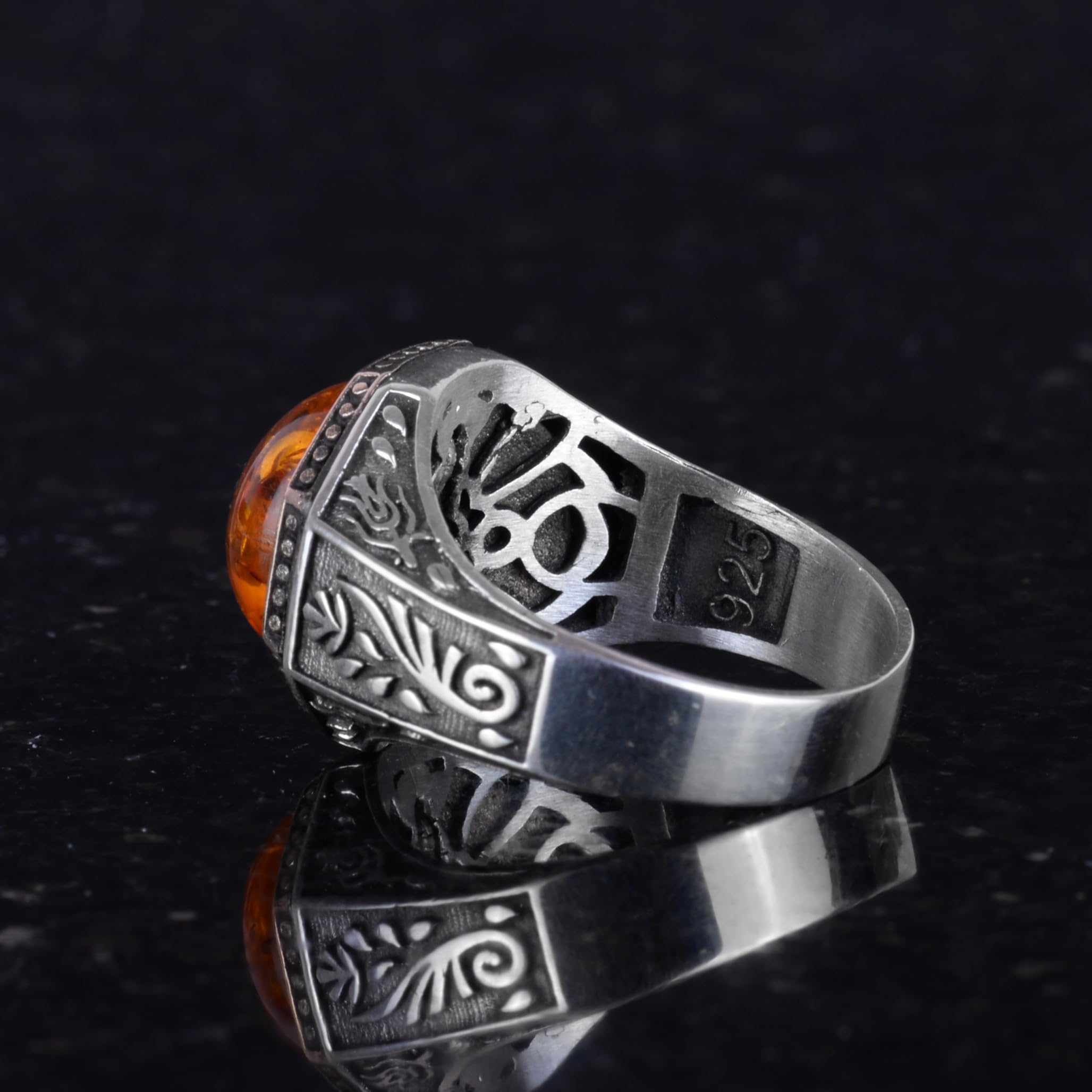 925 Sterling Silber Herren Ring mit Bernstein geschaffener Stein - Minimalistischer Ring für Männer, Silber, Bernstein, Silber, Bernstein