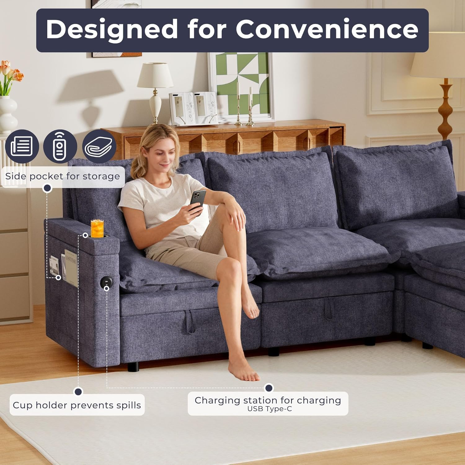 Modular Sectional Sofa, 27.12" Storage Ottoman Module for Modular Sectional Sofa, Living Room Coffee Table Ottoman Footrest for Convertible Sectional Couch, DIY Combination, Grey