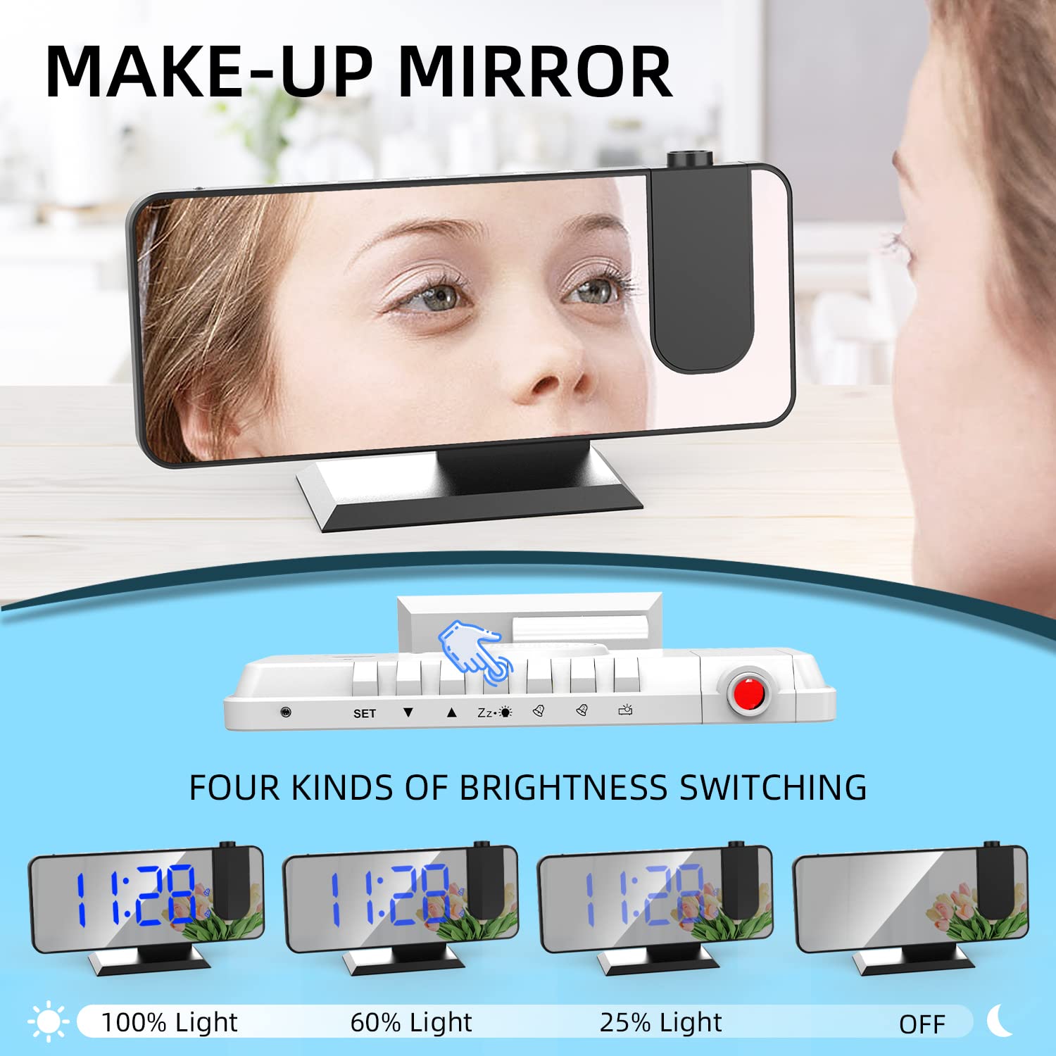 Sveglia con proiezione Orologio digitale da comodino con proiettore a 180° 7,4 '' Ampio schermo a specchio Display Porta di ricarica USB 4 livelli Luminosità Dimmer Snooze Dual Alarm Setting
