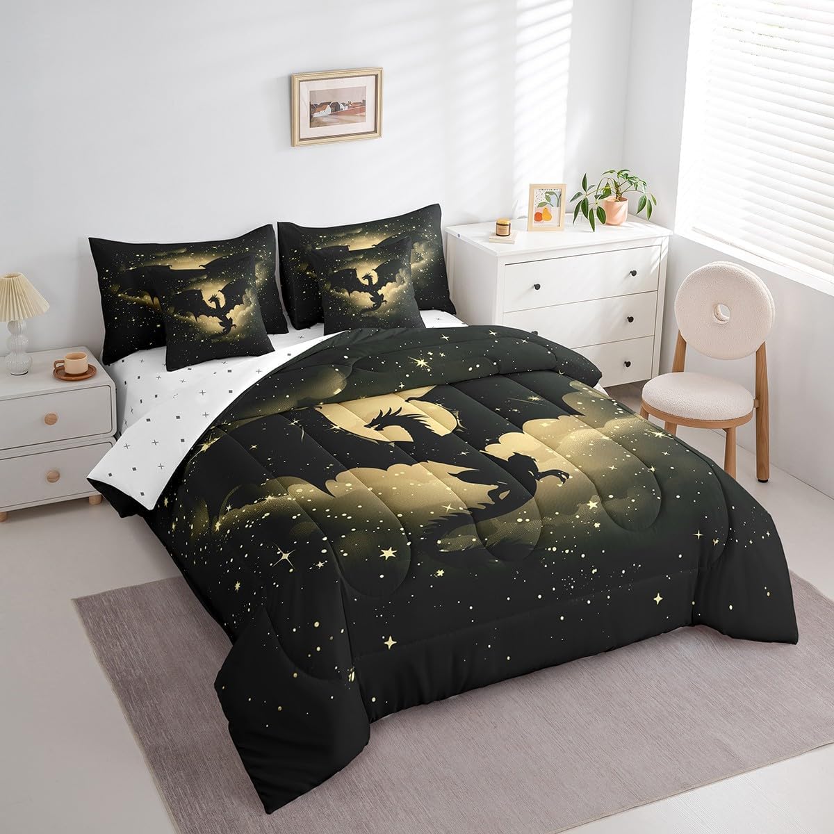Feelyou Dragon Twin Comforter Set with Sheets Chic Outer Space Bed in a Bag for Kids Teens Adults Wild Animals 7 Pieces Bedding Set Magic Wildlife Bed Set