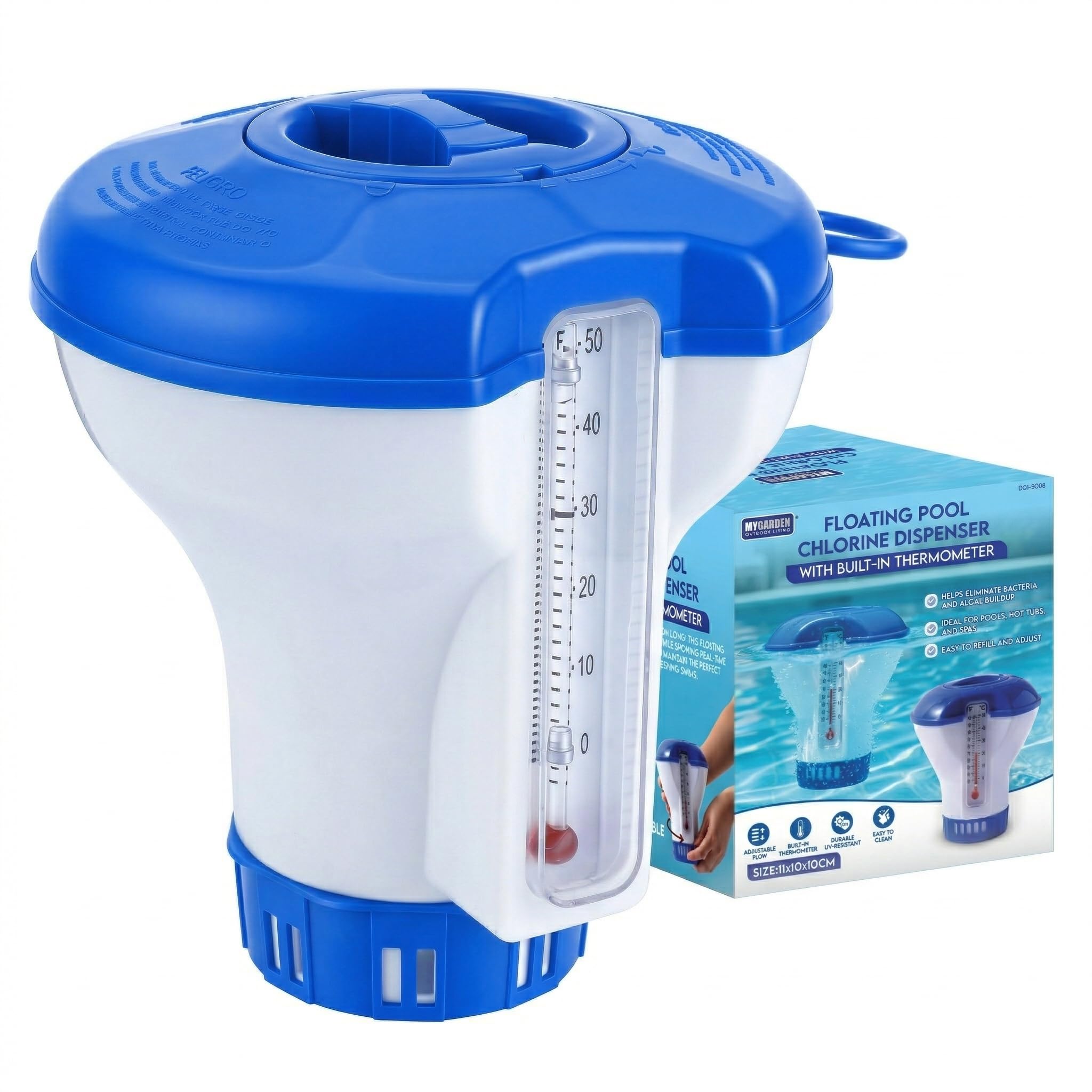 My Garden Floating Pool Chlorine Dispenser - Dispenser with Built-In Thermometer - Adjustable Flow Chlorine Floater for Swimming Pools, Hot Tubs & Spas - Durable UV-Resistant Pool Care Solution