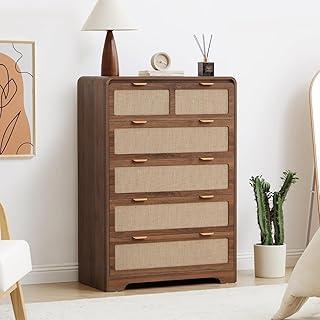 RUSTYER 43" Tall Dresser for Bedroom, 5 Drawer Mid Century Modern Dresser with Natural Linen, Curved Wood Chest of Drawers Closet Clothes Storage Organizer for Living Room, Hallway (Walnut)