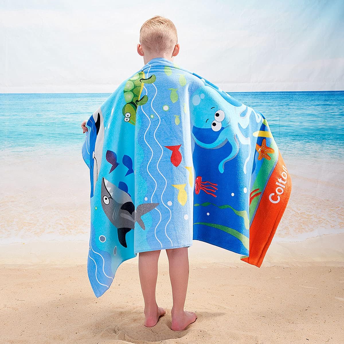 Lillian Vernon Under The Sea Personalized Boys Towel - Custom Embroidered with Name or Monogram, Extra Large 30” x 60” Kids Towels, Quick Dry Design for The Beach, Pool, or Bath, Plush 100% Cotton