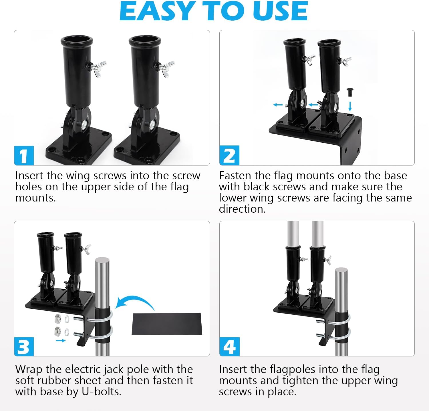 RV Metal Flag Pole Mount, Adjustable 180° Flagpole Bracket Kit for 1-1/4" Poles, Rust-Resistant Heavy Duty Clamp-on Holder for RV Ladder, Electric Jack, Boat Rails & Campers (Black)