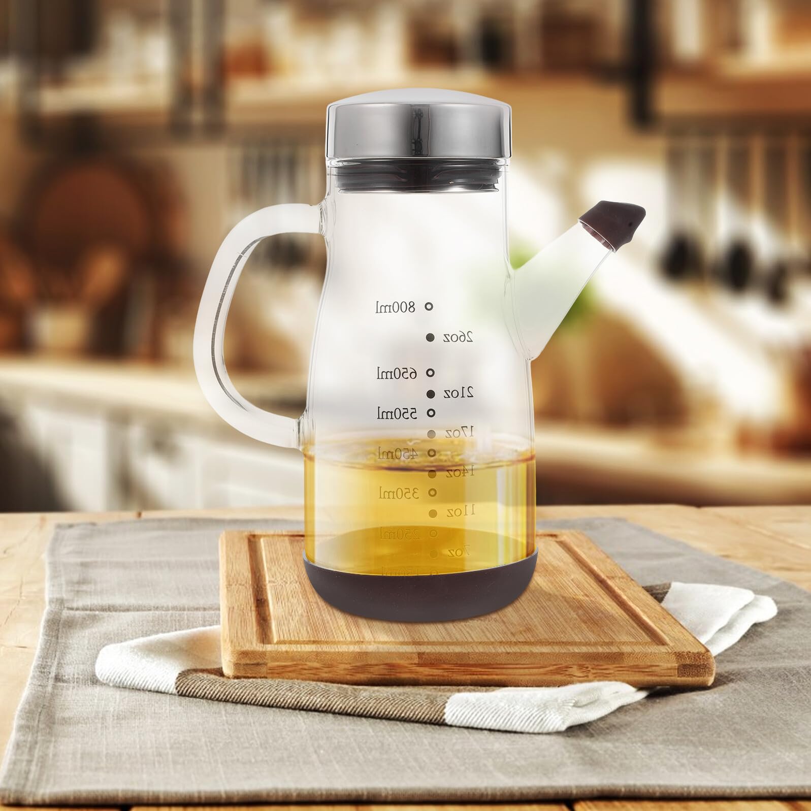 Ipetboom Oliera in Vetro Grande Capacità Funzione Multipla, 1 Pz | Acciaio Inox e Silicone, Vetro Alto Borosilicato, Design Anti-perdita, per Olio e Aceto