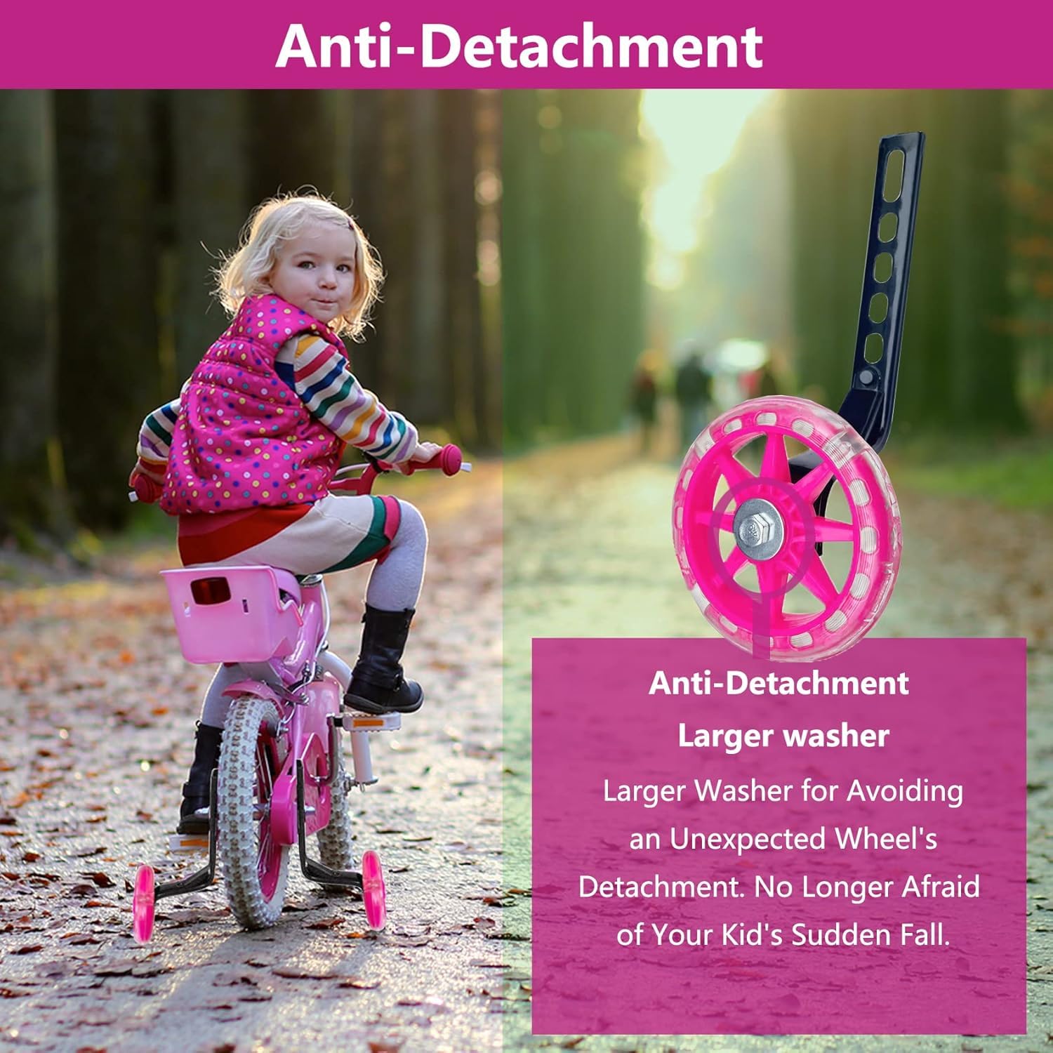 DDJKCZ Training Wheels for Kids Bicycle,Flash Mute Big Wheel Compatible for 12 14 16 18 20 inch Single Speed Bike (Bright Rose)