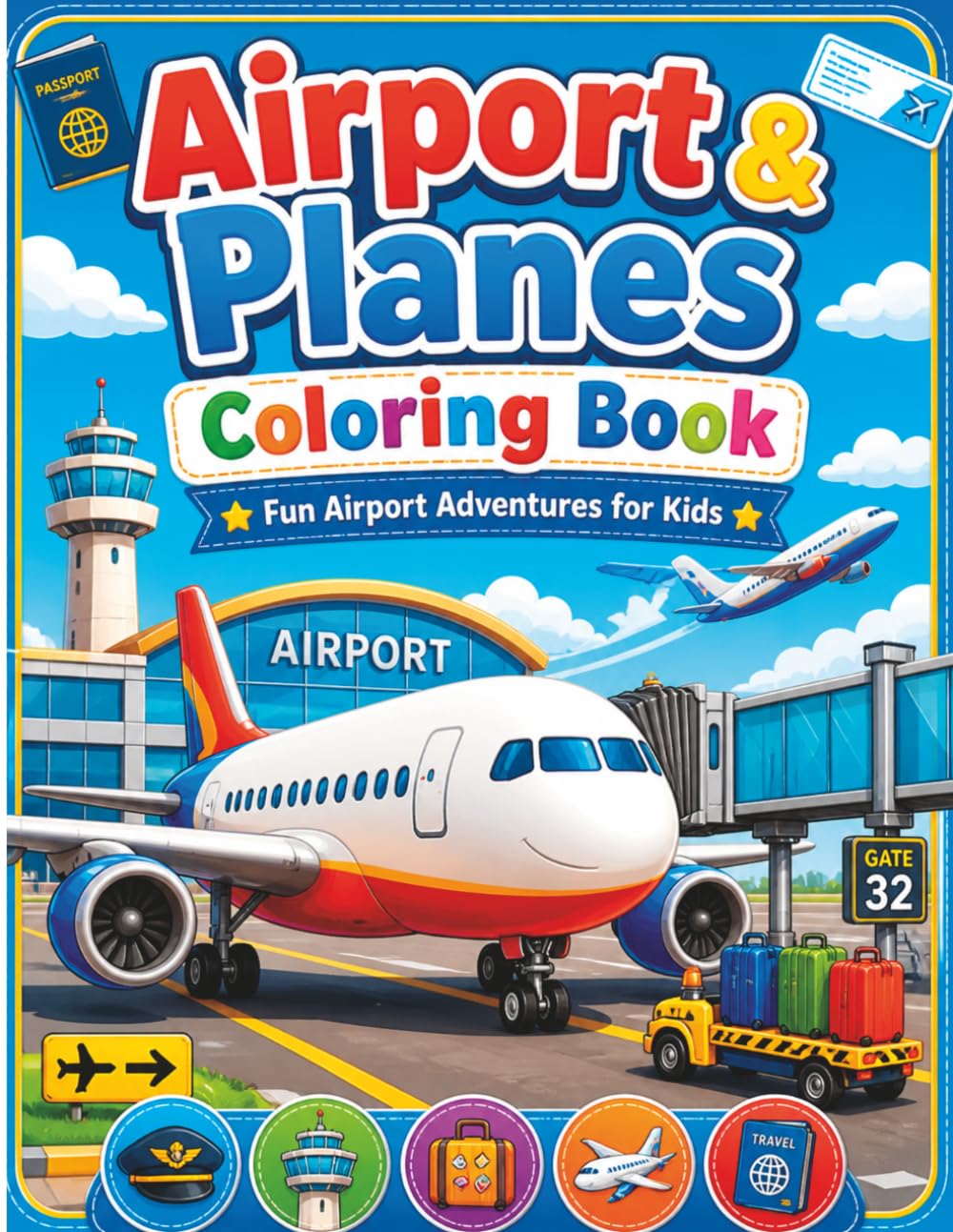 Airport & Planes Coloring Book for Kids: Fun Airport Adventures with Airplanes, Runways, Terminals, Gates, Cockpits, Luggage and Travel Scenes for Children Ages 4-8