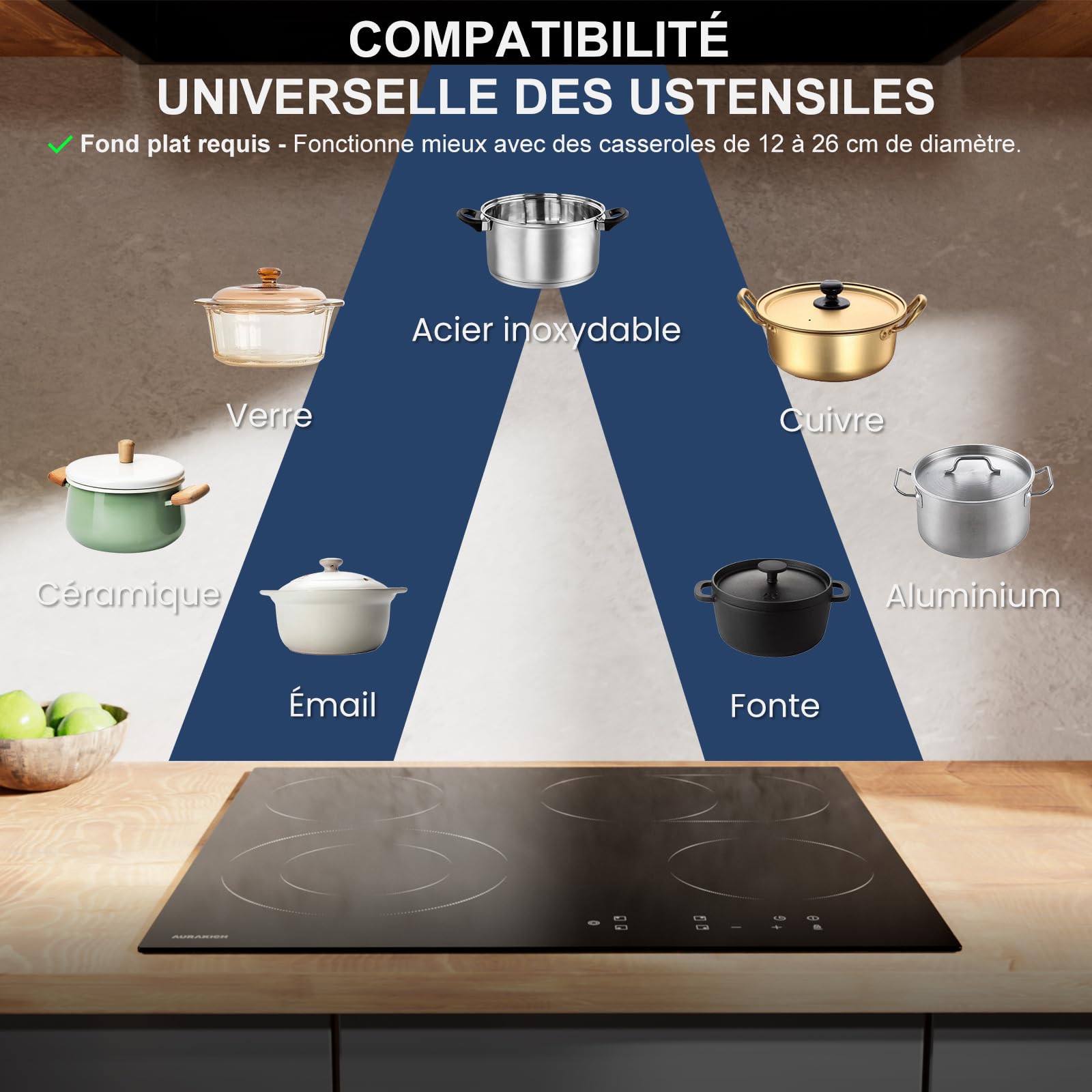 Plaque Vitrocéramique 4 Feux Encastrable 60cm 6600W Commande Tactile Zone Double Ronde Ovale