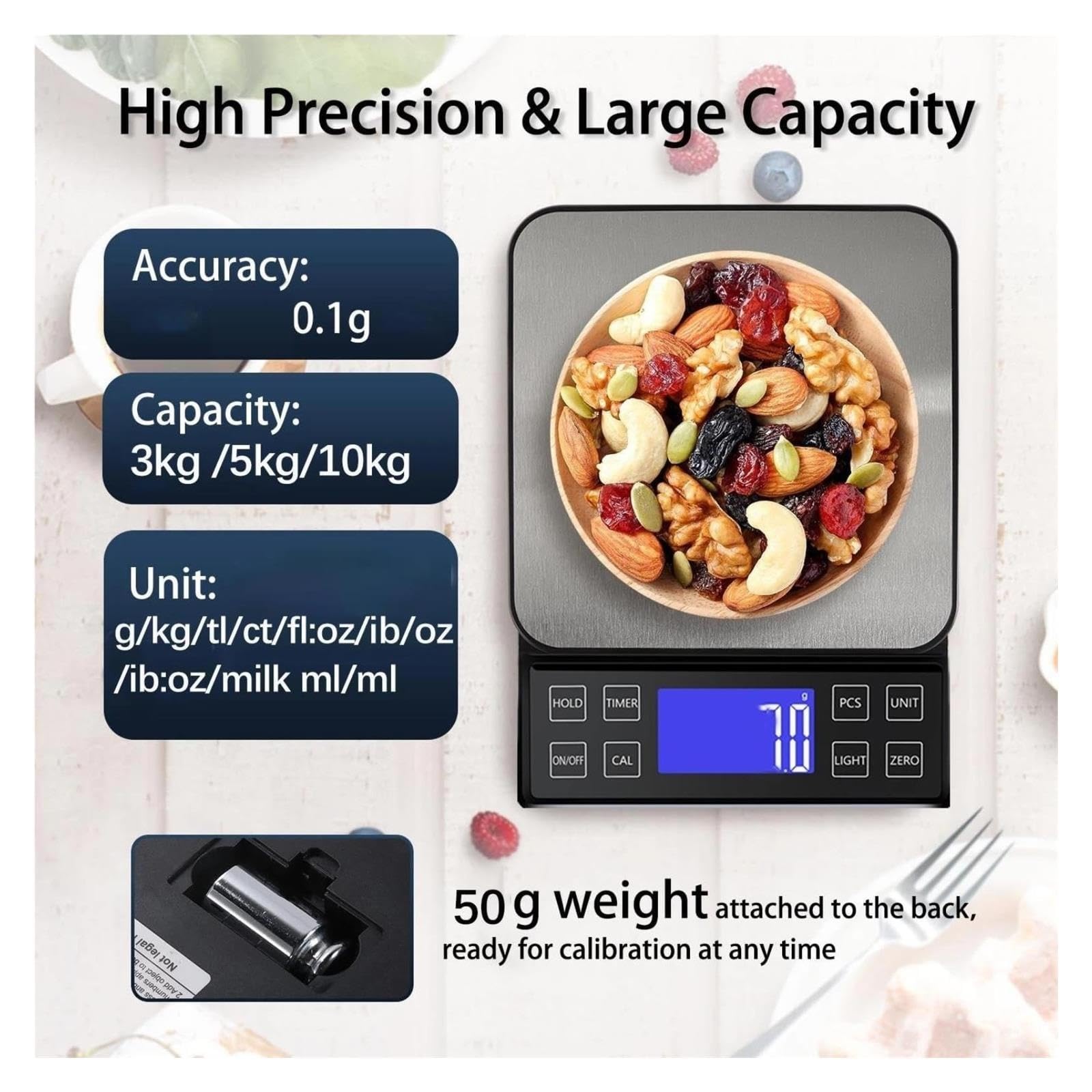 Balanza analítica Digital Báscula de Cocina Digital Alimentos Acero Inoxidable para Dieta Postal LCD(5kg 0.1g-Rechargable)