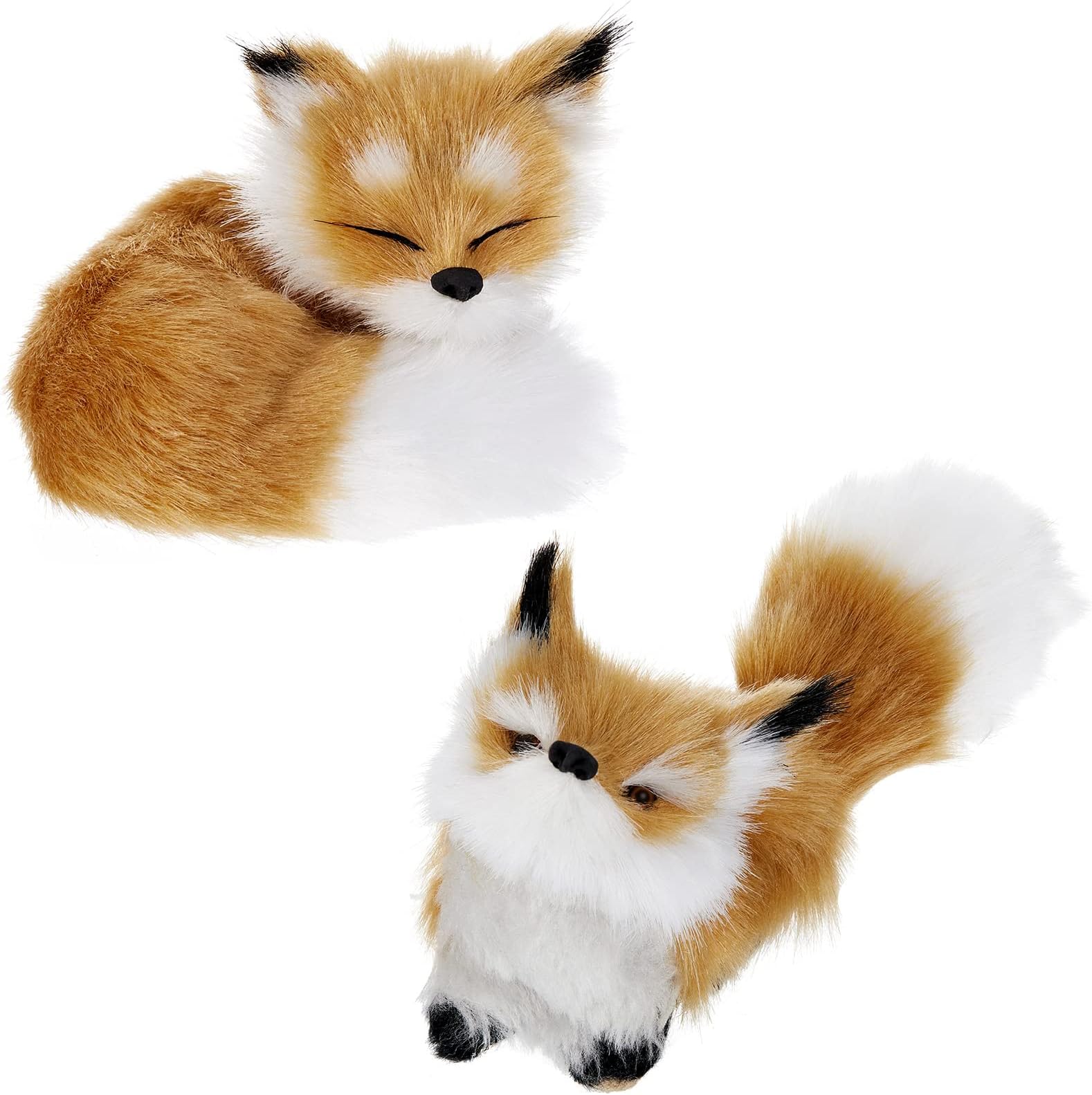 Chivao Simulation Fox Toy 2 Piece Fur Model Stuffed Fox Ornament Static Action Figures Squatting Sleeping Plush for Home Office Bag Decoration 5.5 x 2.76 Inch, 3.15 x 2.36 Inch(Brown)