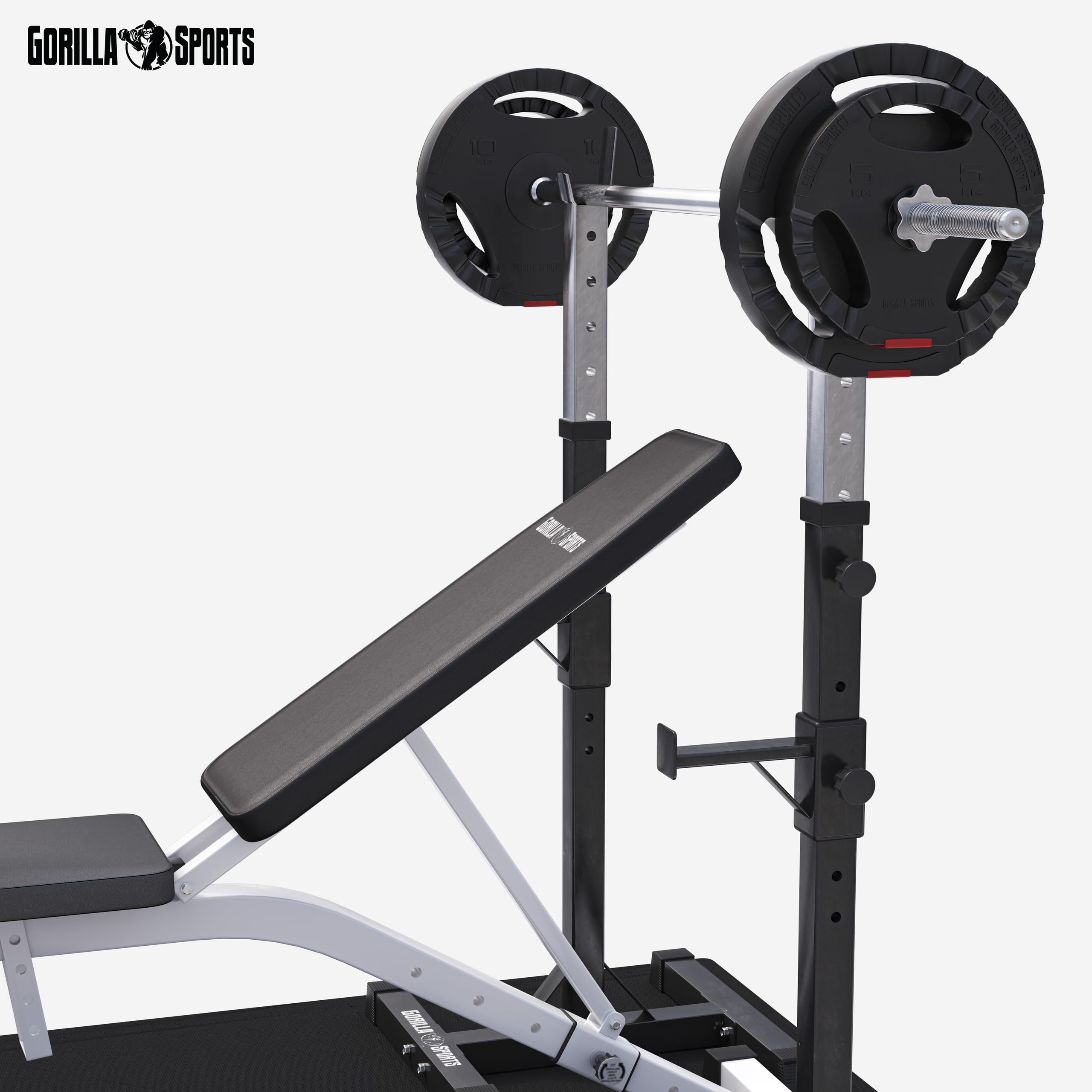 GORILLA SPORTS® Banc de Musculation Multifonction - Kit d'Haltères 100kg, à Tapis de Protection Sol, Curl Pult, Support Barre, Réglable - Banc Haltérophilie, Pliable, Set Entraînement Complet, Fitness