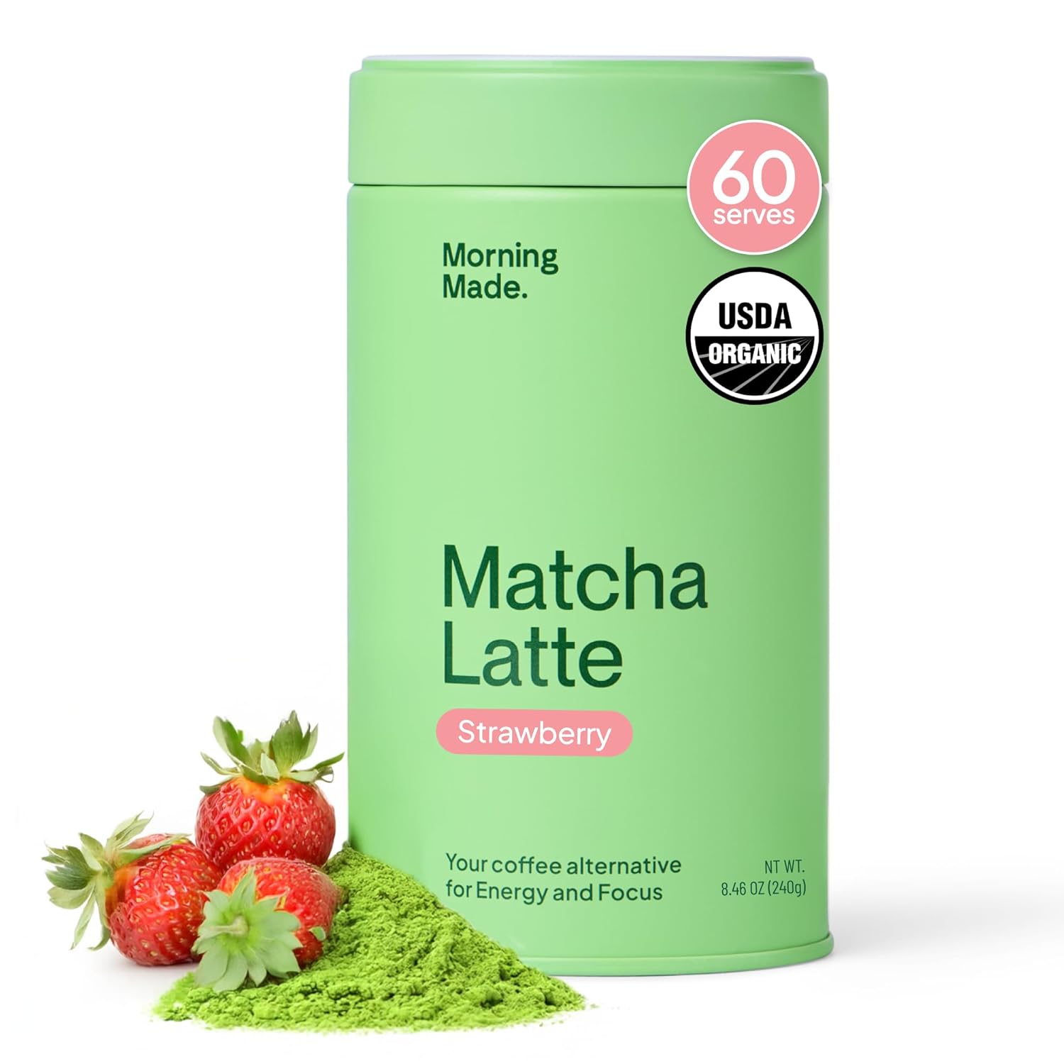 Morning Made Strawberry Flavoured Ceremonial Grade Matcha Powder | 8.46oz (240g) Resealable Tin | 60 Servings Premium Japanese Green Tea | Sweetened with Organic Sugar | Rich in Antioxidants & Energy Boosting