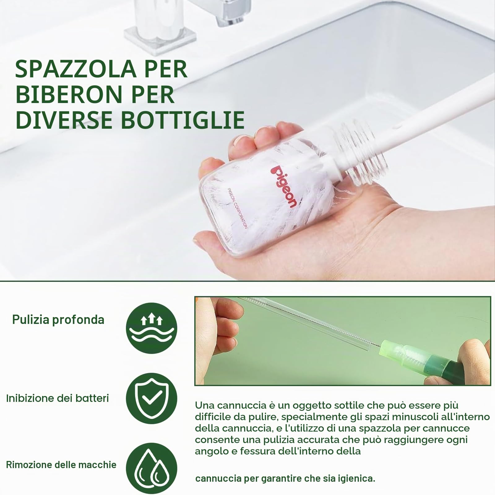 Spazzola per Pulizia Bottiglia D'acqua Multifunzionale 5 in 1 Spazzola per Biberon Spazzola a Manico Lungo con 5 Testine Set Spazzole per Pulizia per Biberon,Bottiglie Termiche,Cannucce (Verde)