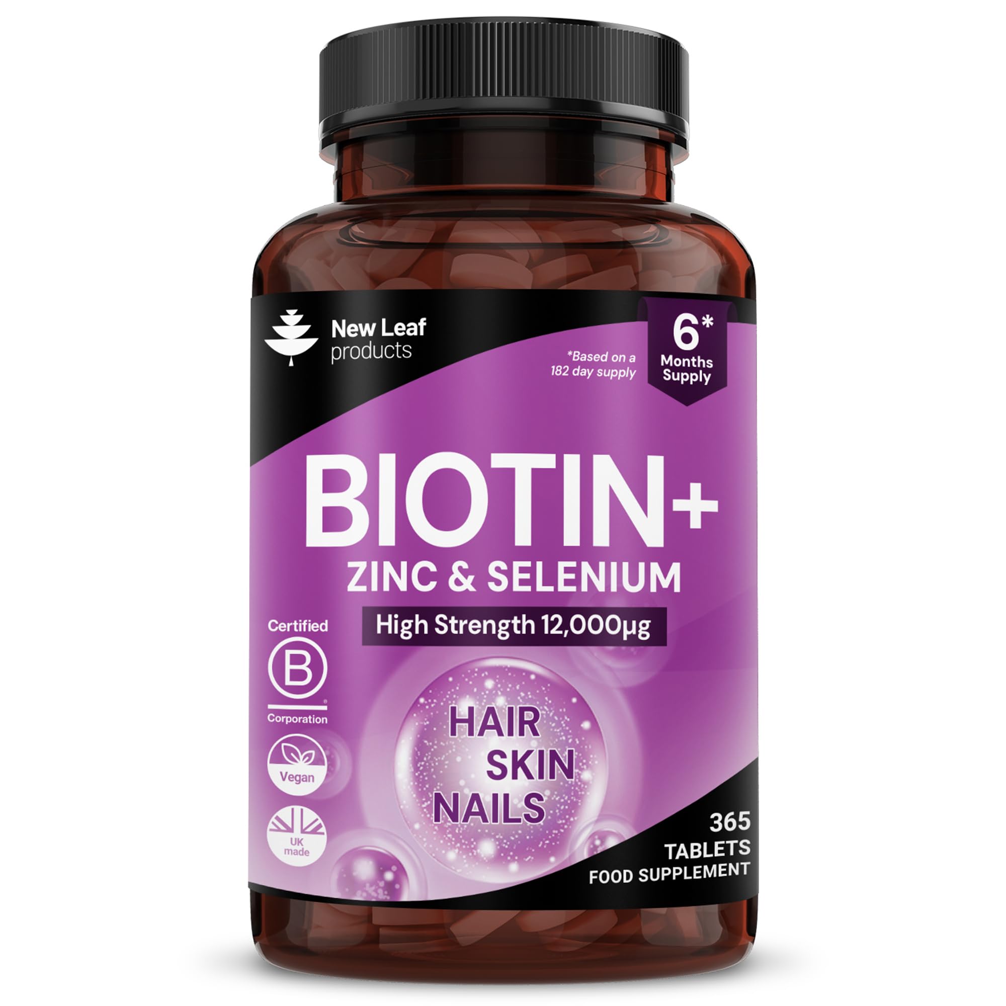 Biotin Hair Growth Vitamins 12,000mcg 365 D-Biotin Tablets Enriched with Zinc & Selenium – Vegan Hair Skin & Nails Vitamins for Women and Men High Strength Hair Vitamins - UK Made by New Leaf