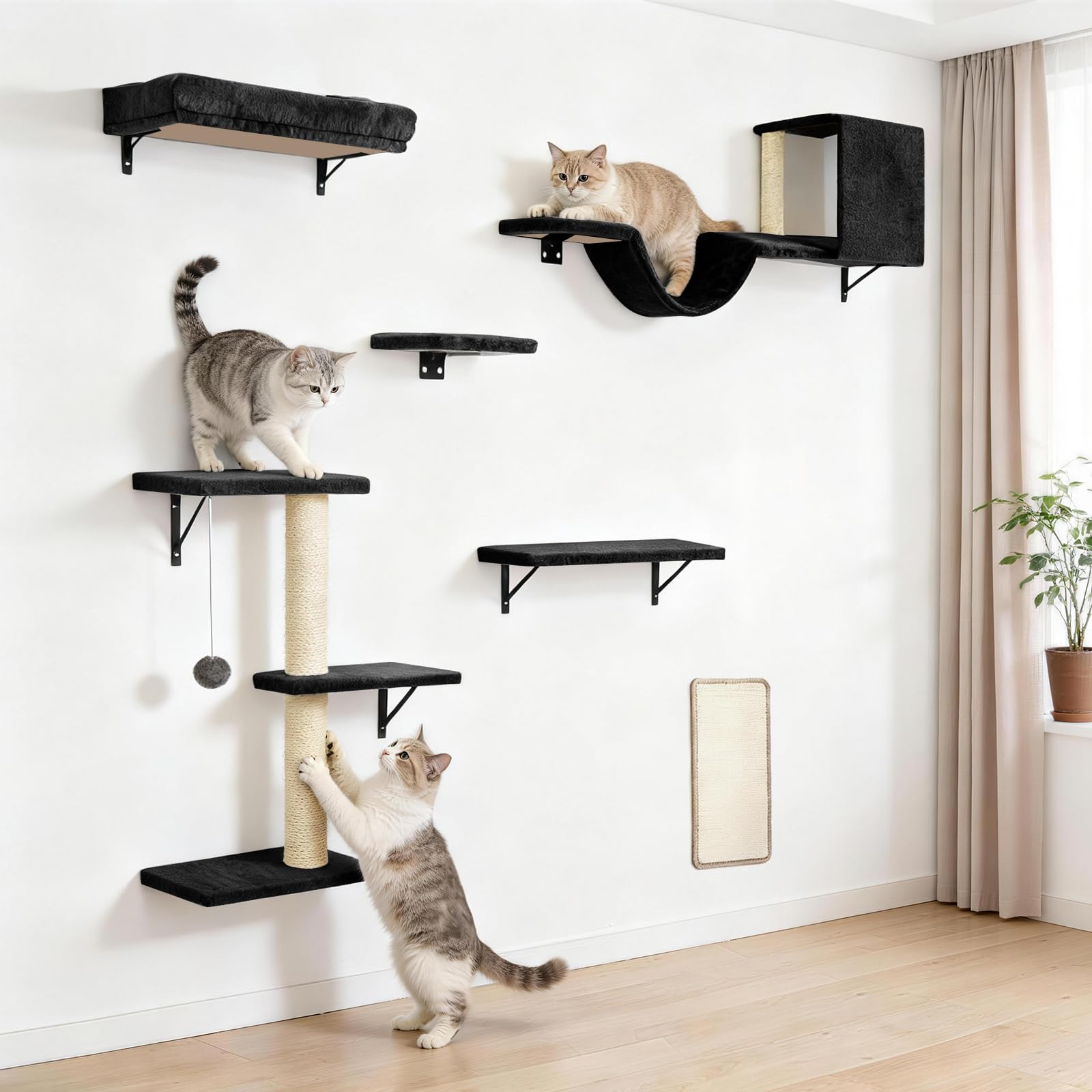 Fopetfy Cat Wall Shelves, Stable & Safe 6 in 1 Cat Furniture Set Black, for Cats to Climb, Hide, Lounge, and Scratch