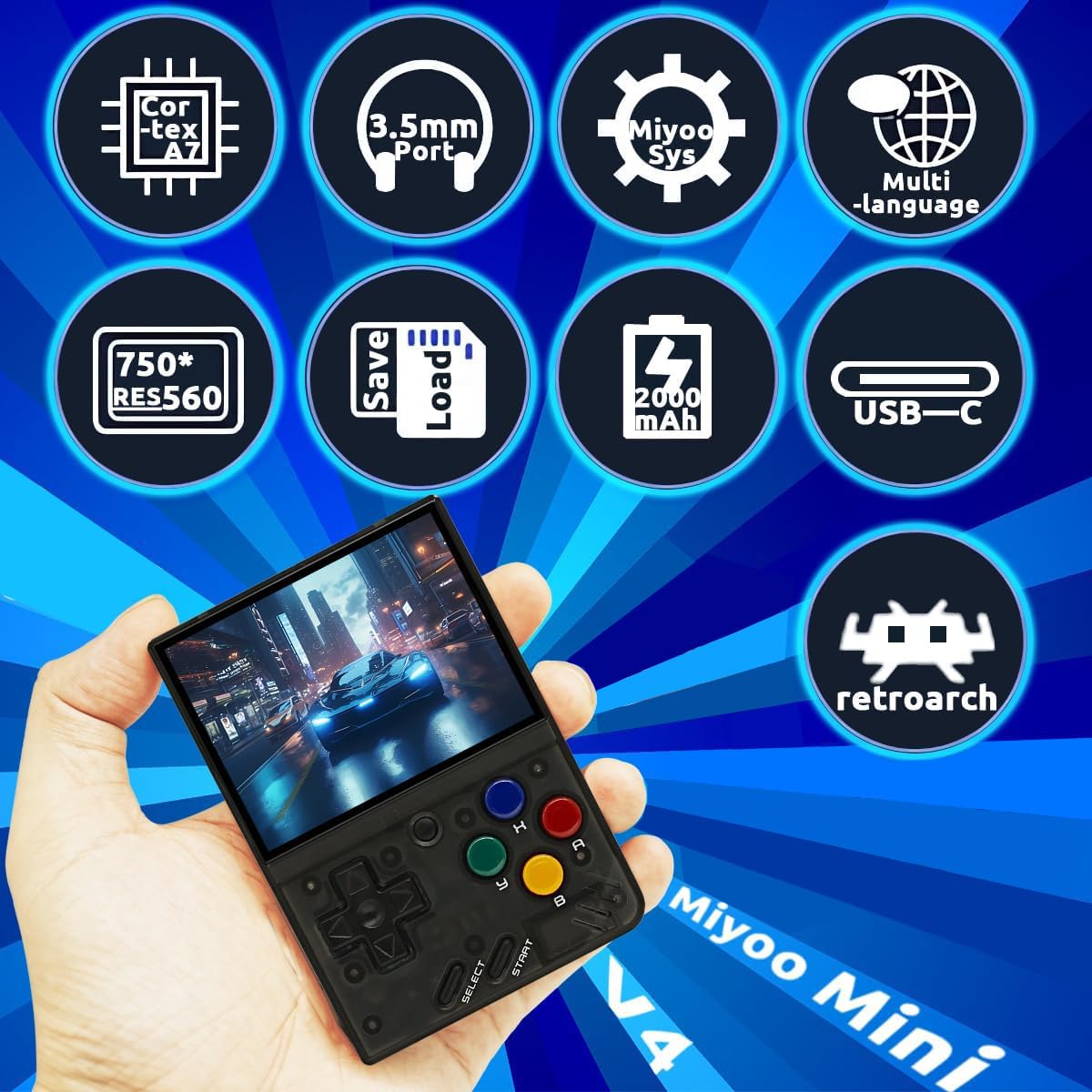 Whatsko MiyooMini V4 Consola de Juegos Portátil,Consola Retro 64GB con 10000 Juegos,Sistema Linux Cortex-A7 Pantalla IPS de 2.8 pulgadas 2000mAh,Soporta WiFi HDMI y Salida TV(Negro)