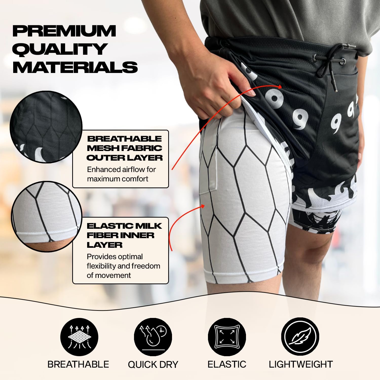 CROWN Anime Shorts - Breathable Mesh Stretch Compression Gym Short with Pockets and Towel Holder