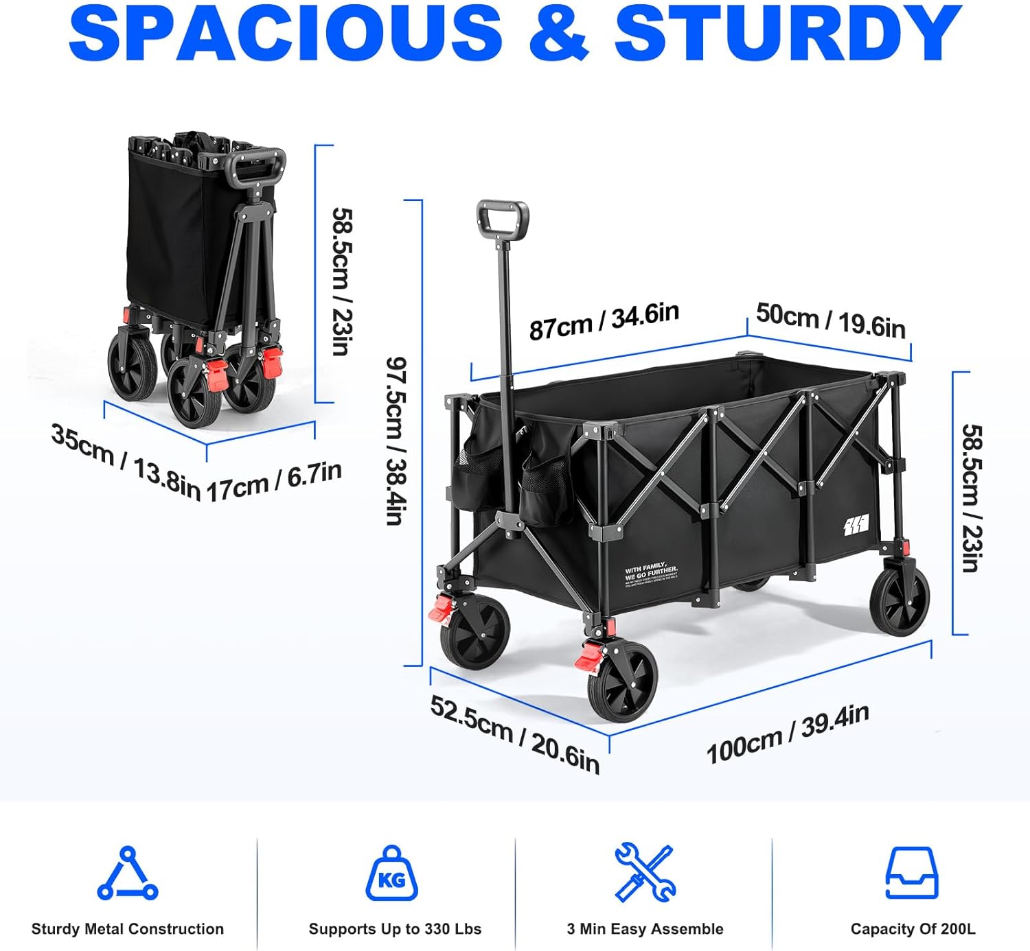 Collapsible Foldable Wagon, 180L Large Heavy Duty Wagon Cart with 440lbs Weight Capacity, Folding Utility Wagon with Brake for Camping, Garden, Sports, Picnic, Shopping