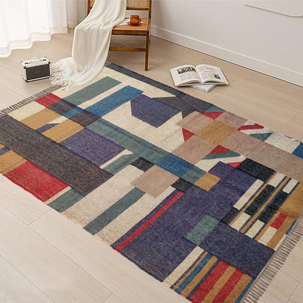 budhrajrugs Flatweaves Wool Jute Abstract Red and Blue Kilim Rug, Bedroom Kilim, Livingroom Kilims, Bathroom Kilim, Natural Rug, Textured Kilim, Indian Handmade Natural Color Durries, 4x6 Feet