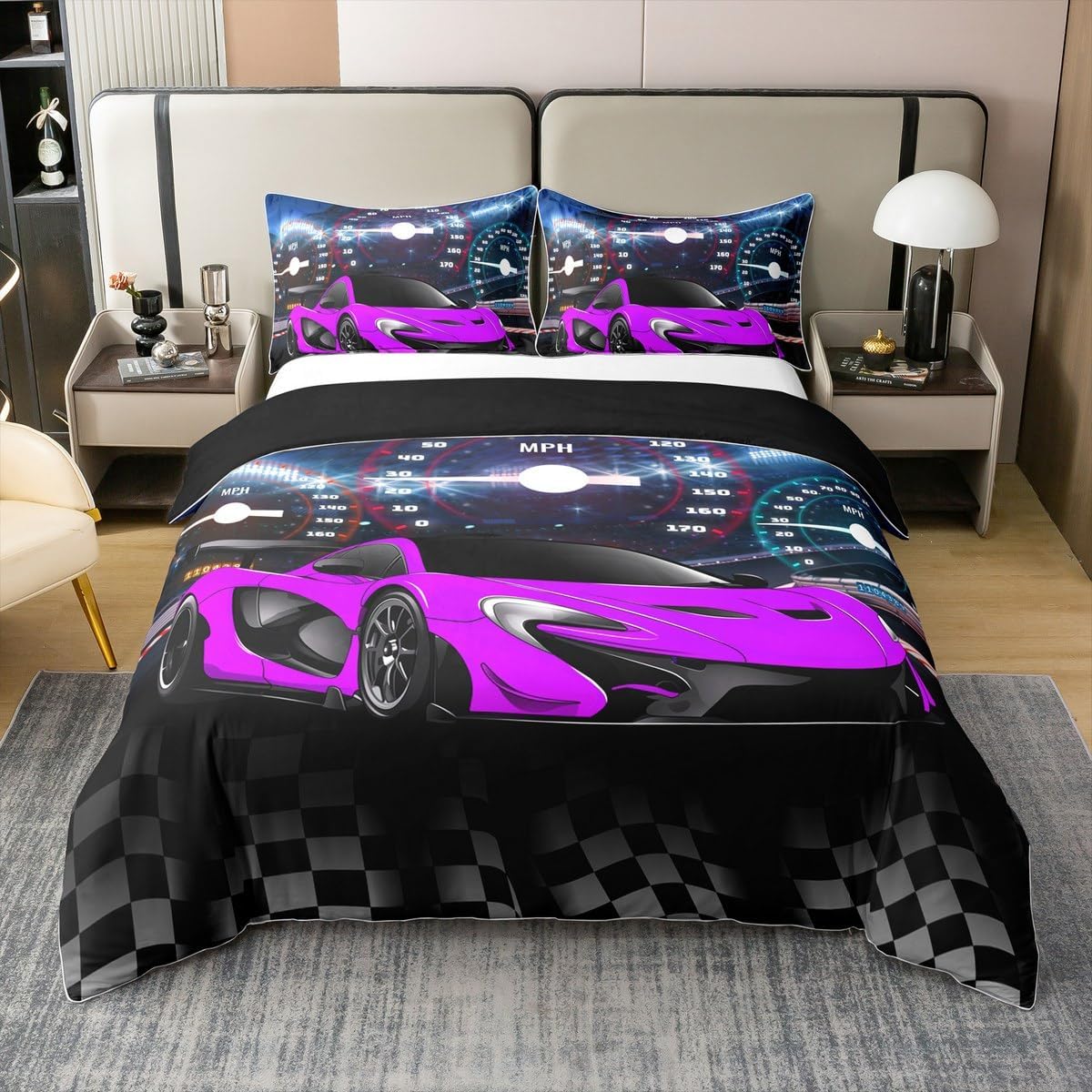 Erosebridal Boys Race Car 100% Cotton Duvet Cover Twin Size Extreme Sports Bedding Set for Kids Girls Boys Raing Theme Cool Game Comforter Cover Black White Plaid Dashboard Speed Orange Bedclothes
