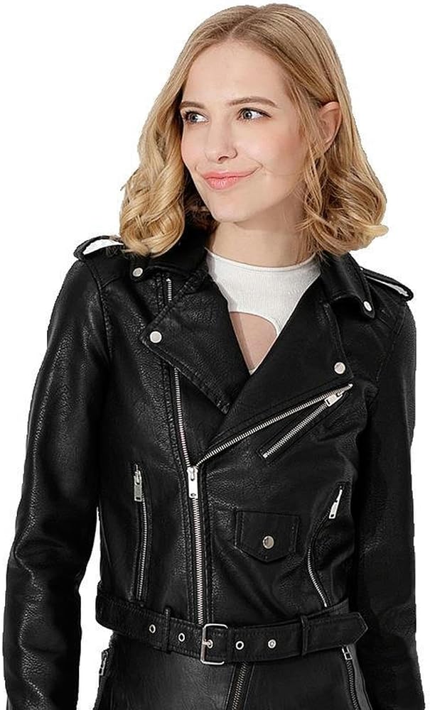 Chaqueta De Cuero PU Para Primavera Y Otoño: Estilo Motero, Cremallera, Corta Con Cinturón (Multicolor)
