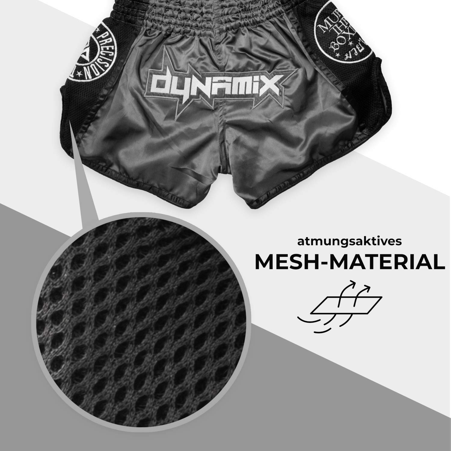 Muay Thai Shorts Warpath - Grau - Premium Thai Short für Thaiboxen traditionelle Thaiboxhose für Herren mit Air-Tech-Gewebe und einzigartigen Muay Thai Stickereien